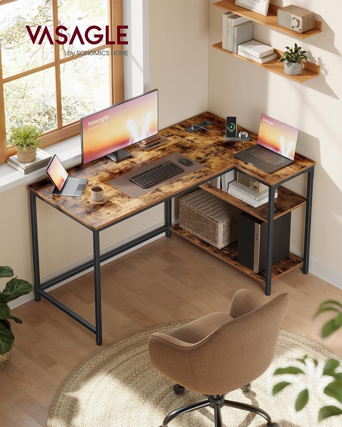 VASAGLE - Bureau Gaming Série L - 120x80cm - étagères réglables, prises USB, LWD132KD01