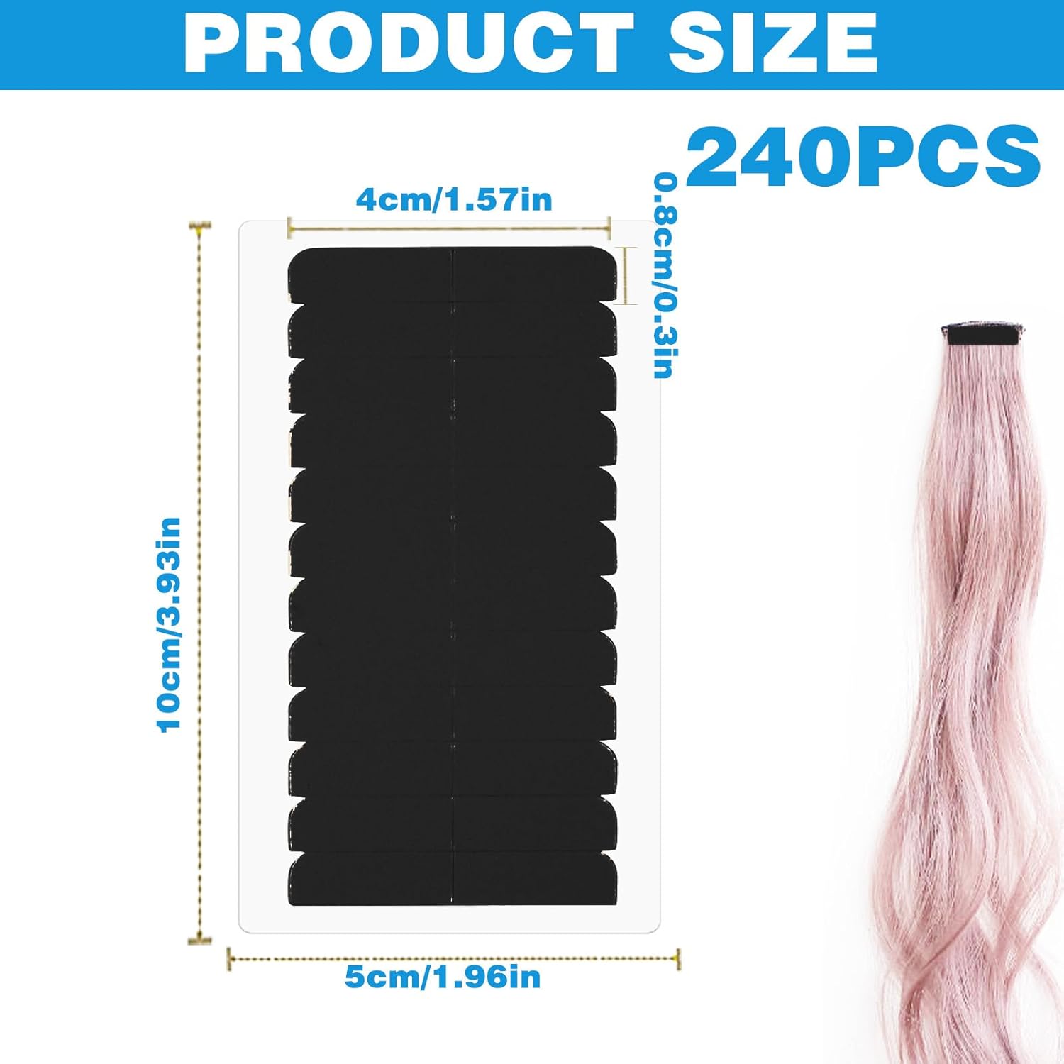Ruban adhésif double face - 240 pièces - fixation cheveux, remplaçable, noir