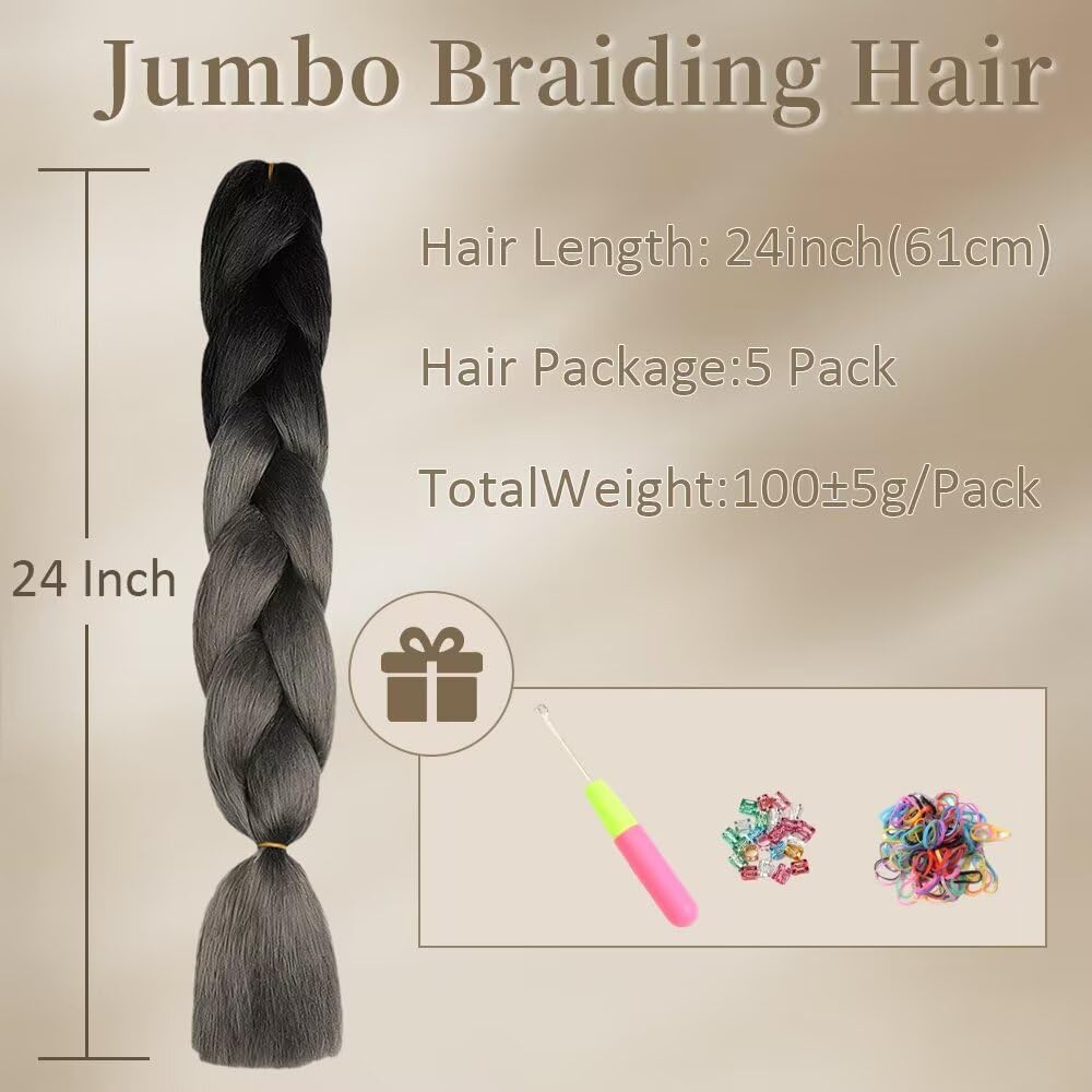 ShowJarlly - Ombre Tresse Jumbo 24'' 500g - Synthétique, Noir/Gris Foncé