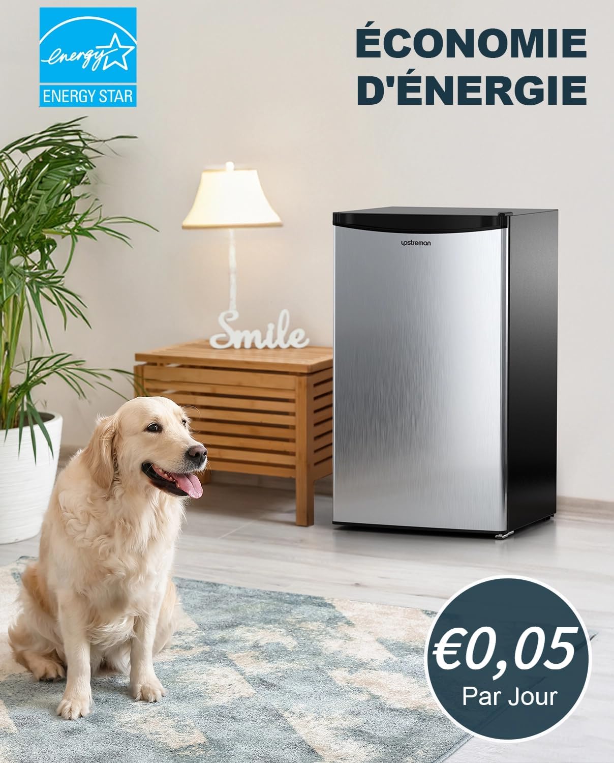 Upstreman - mini réfrigérateur 91L, congélateur, inox, thermostat réglable - BR321