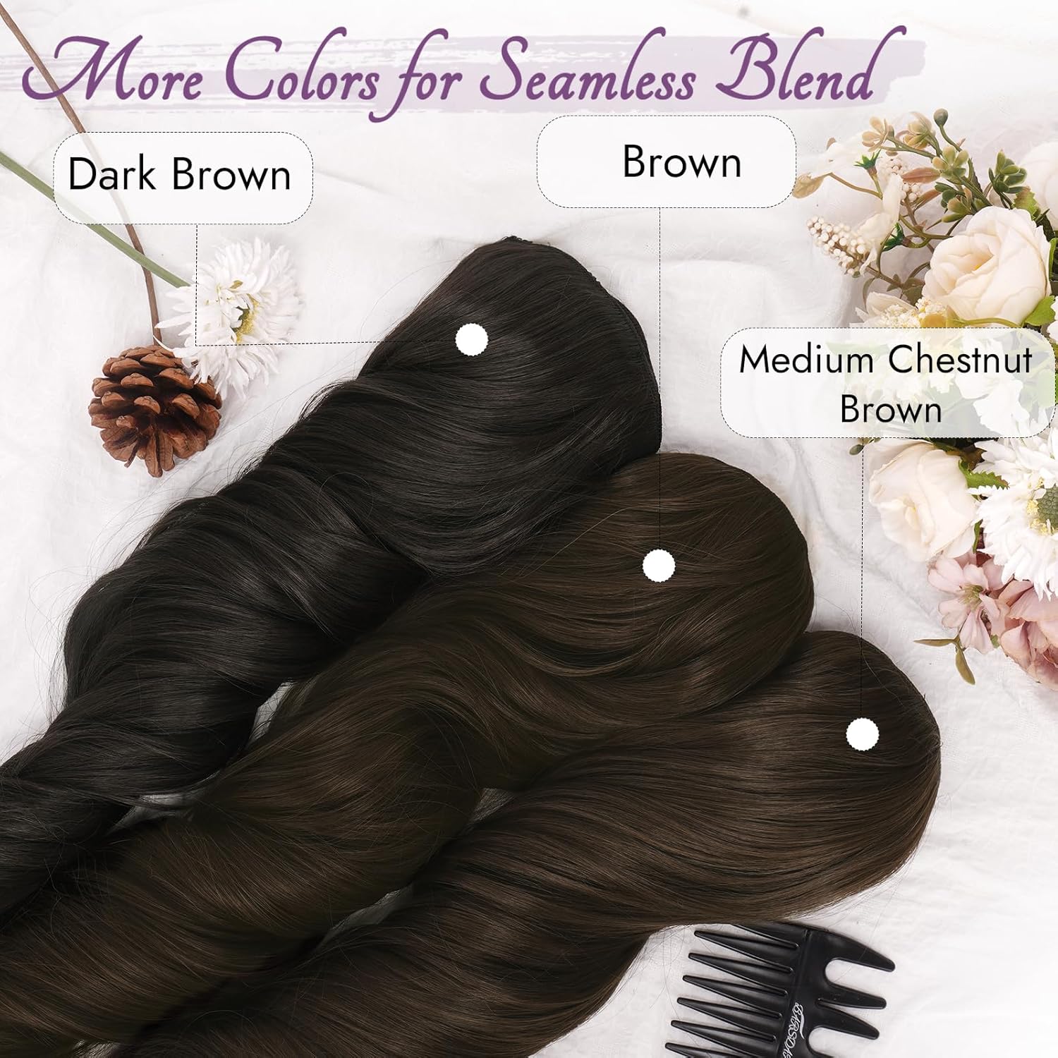 BARSDAR - Châtaigne Extension à Clip - 50cm - Ondulées, 5PCS, synthétique