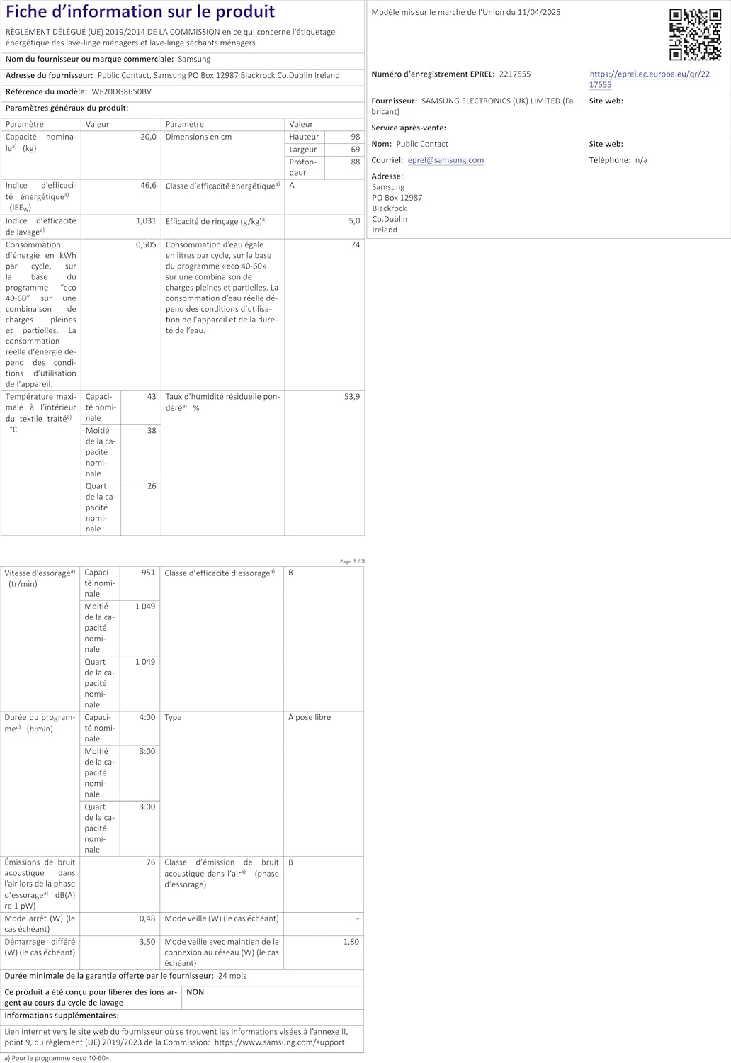 Samsung - lave-linge frontal série 8600 - grande capacité, EcoBubble - WF20DG8650BV