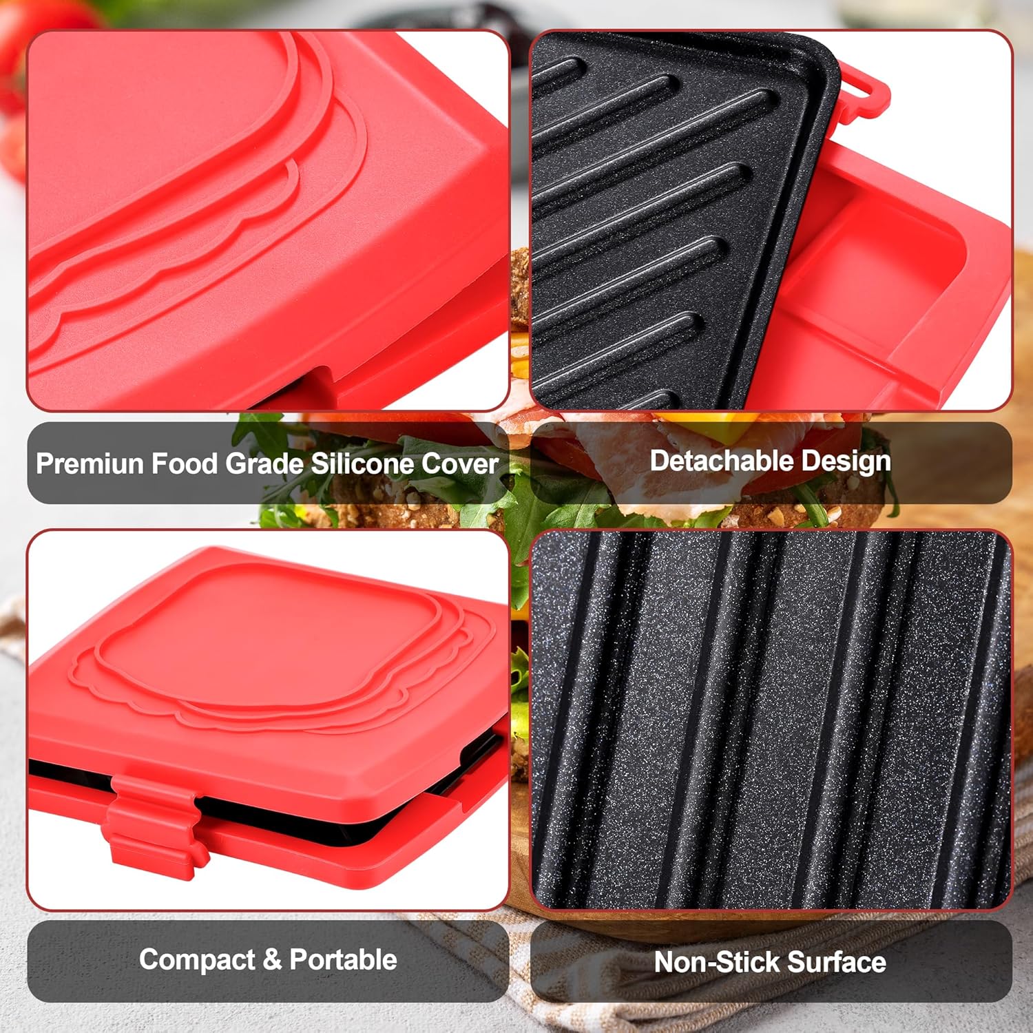 Appareil à croque-monsieur - 16x16 cm - plaques amovibles aluminium, coque silicone, usage micro-ondes