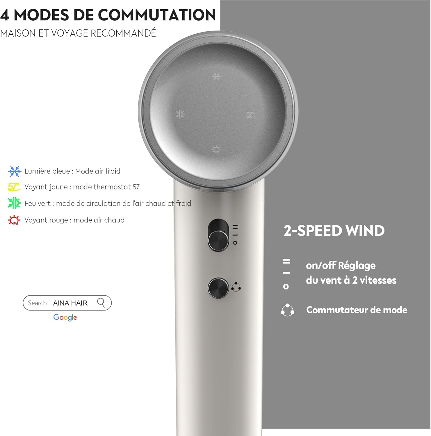 AINA - Sèche-cheveux 1A blanc - léger, ionisant, 150000 tr/min