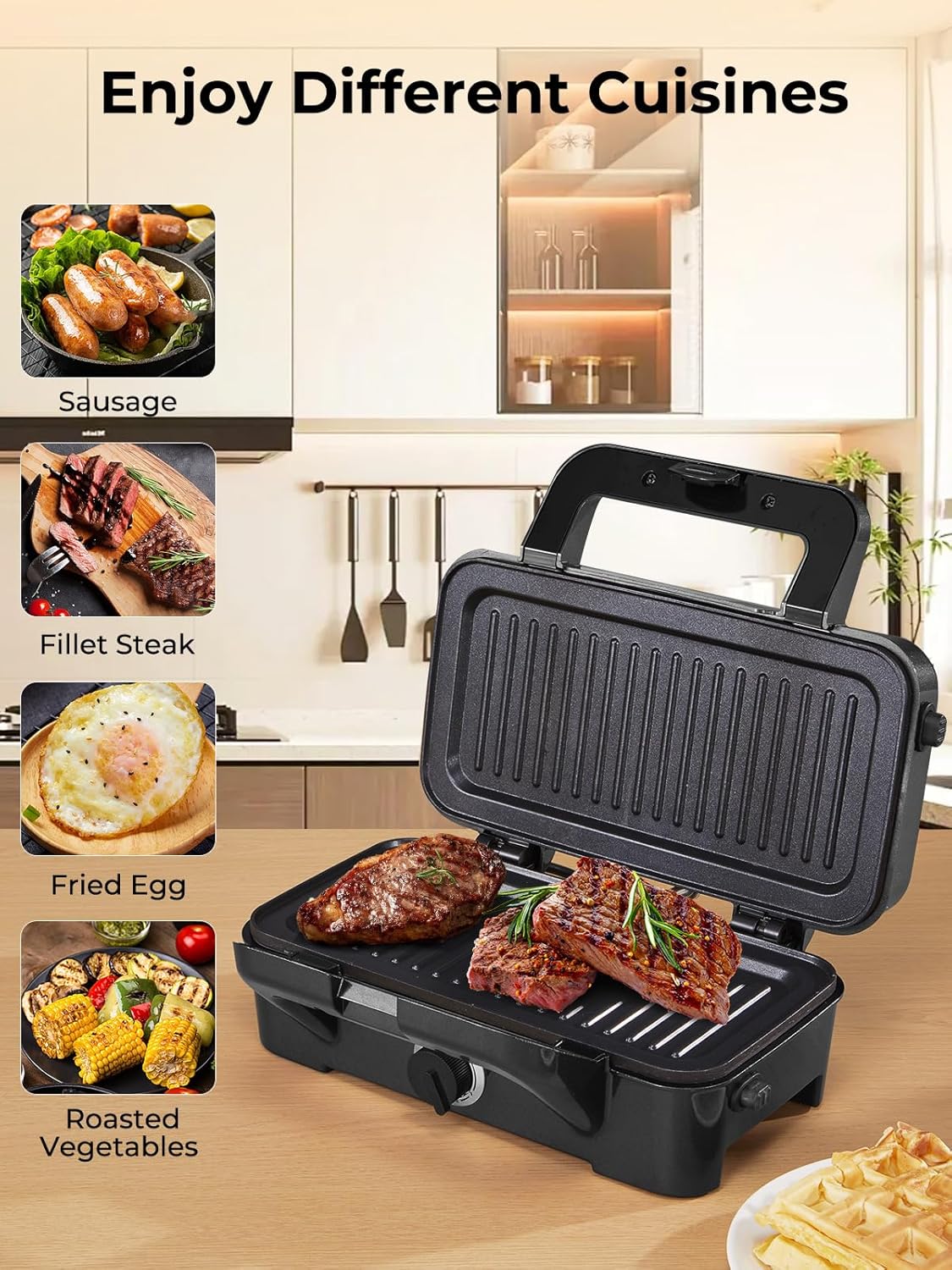 Gaufrier multifonction - 1200W, 5 vitesses, plaques amovibles, chauffe rapide, rangement vertical, noir