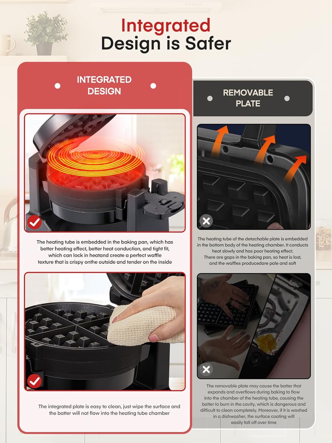 Waffle Maker - 1400W, flip 180°, 8 disques, plaques antiadhésives