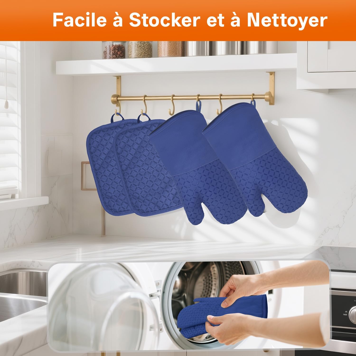 MILcea - Gants de cuisine anti-chaleur, 32cm, silicone/coton doux, lot de 4