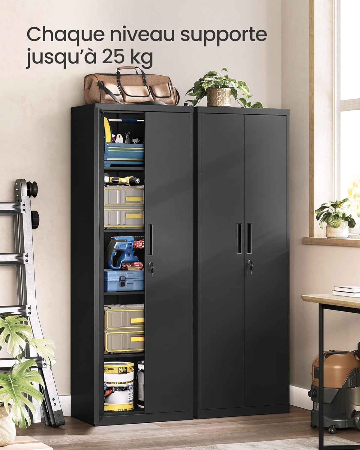 SONGMICS - meuble de rangement - 40x60x180 cm - acier, 5 niveaux, portes verrouillables, étagères réglables, OMC014B01