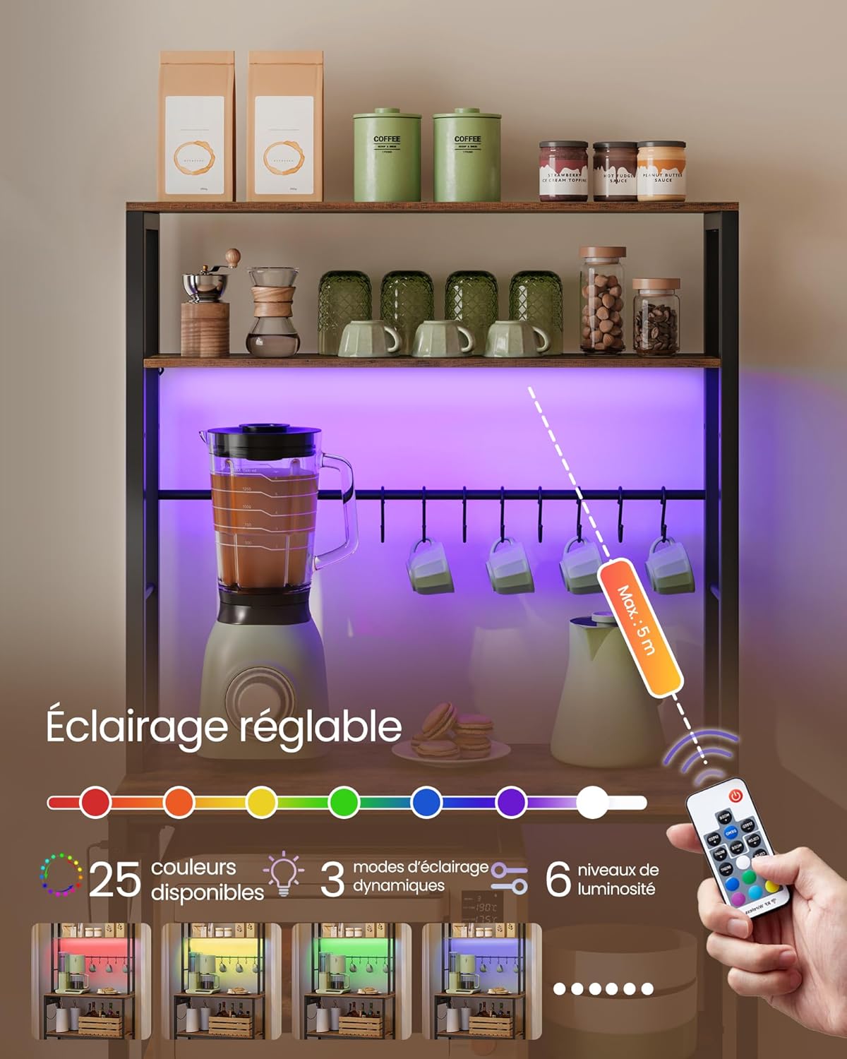 VASAGLE - étagère cuisine LED, multiprise, 8 crochets - 40x80x168,4 cm - KKS050KD01