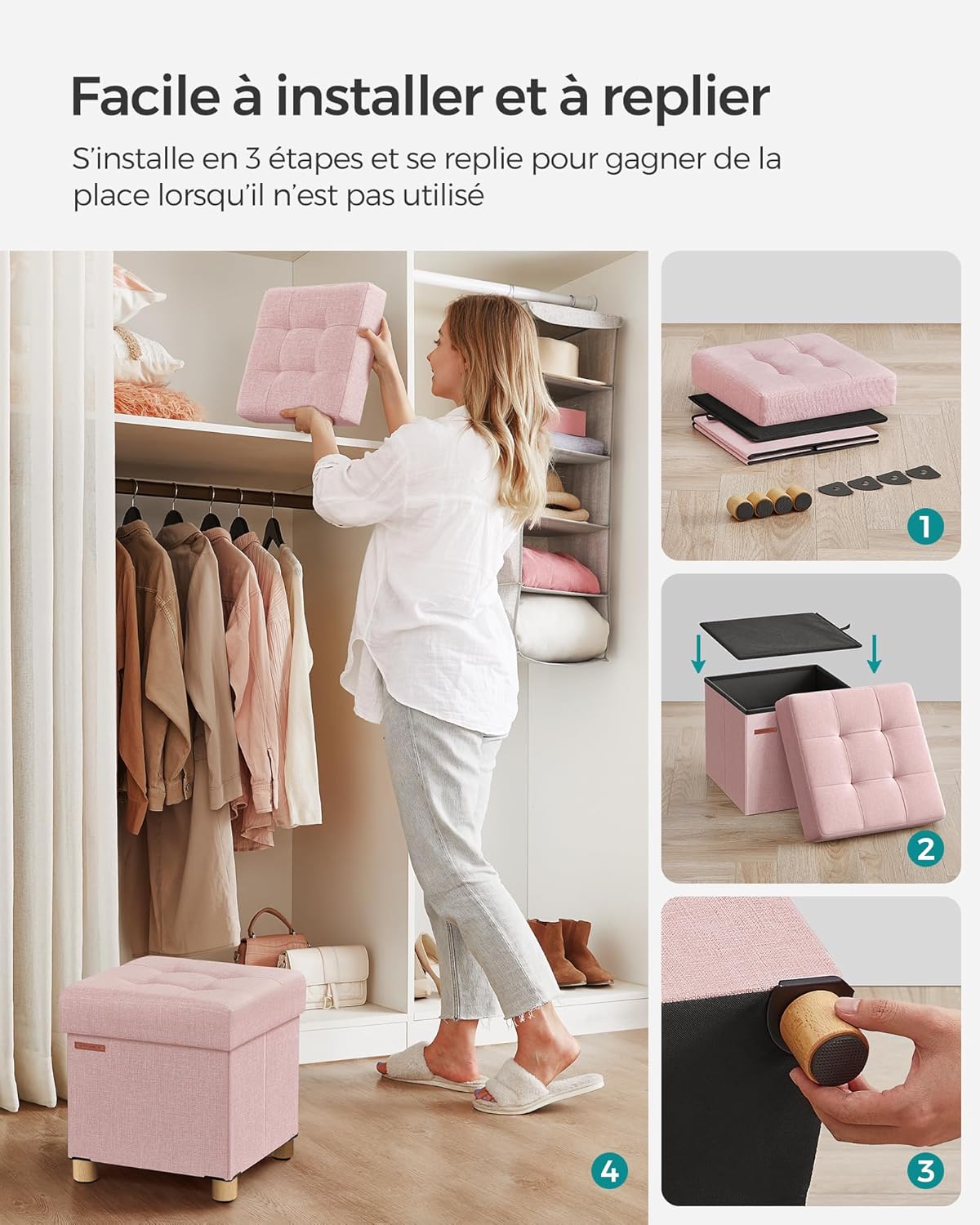 SONGMICS - tabouret pliable 38x38x40 cm, repose-pieds, 300 kg, rangement, Rose Bonbon LSF014P11