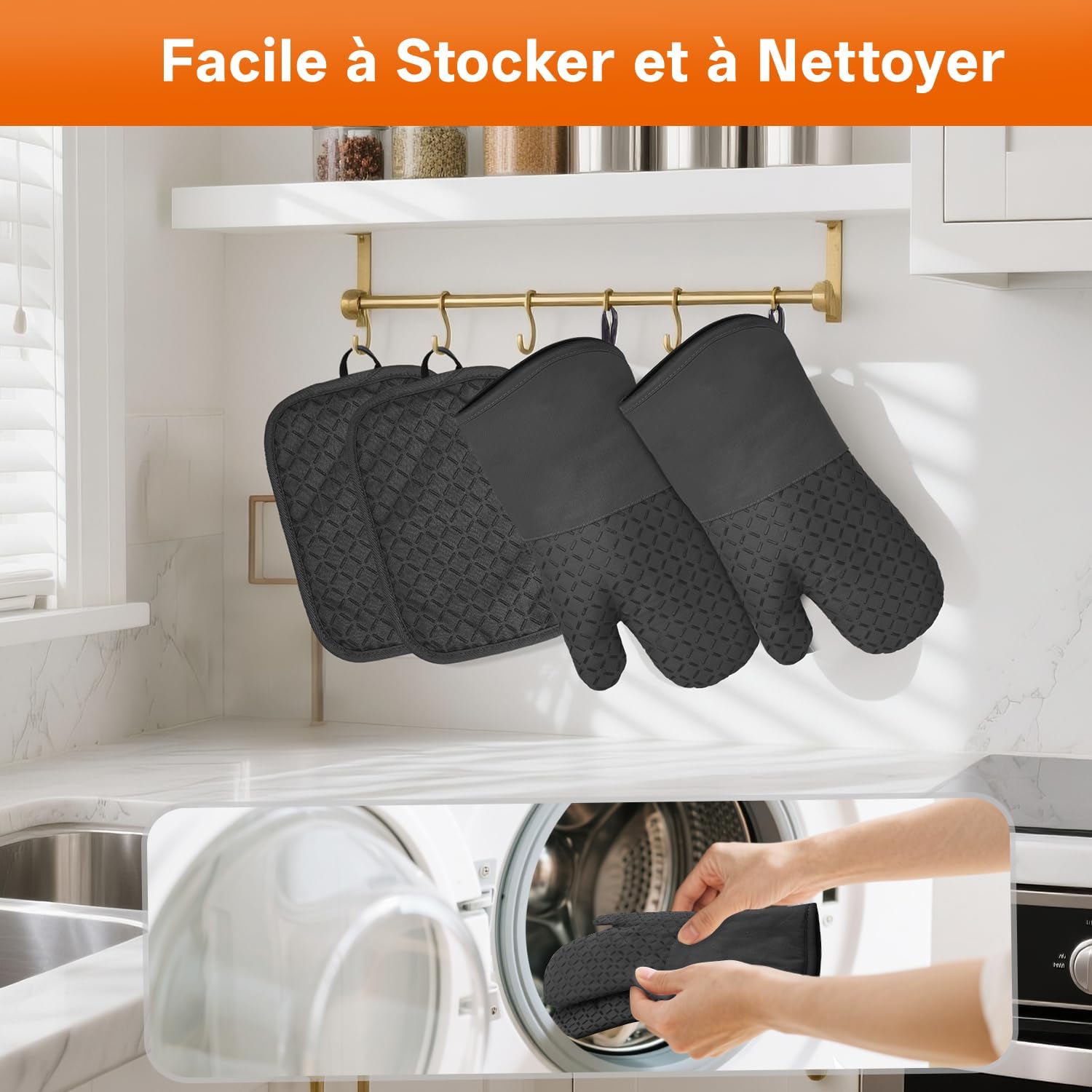 MILcea - Gants de Cuisine - 32cm - Silicone anti-chaleur, coton doux