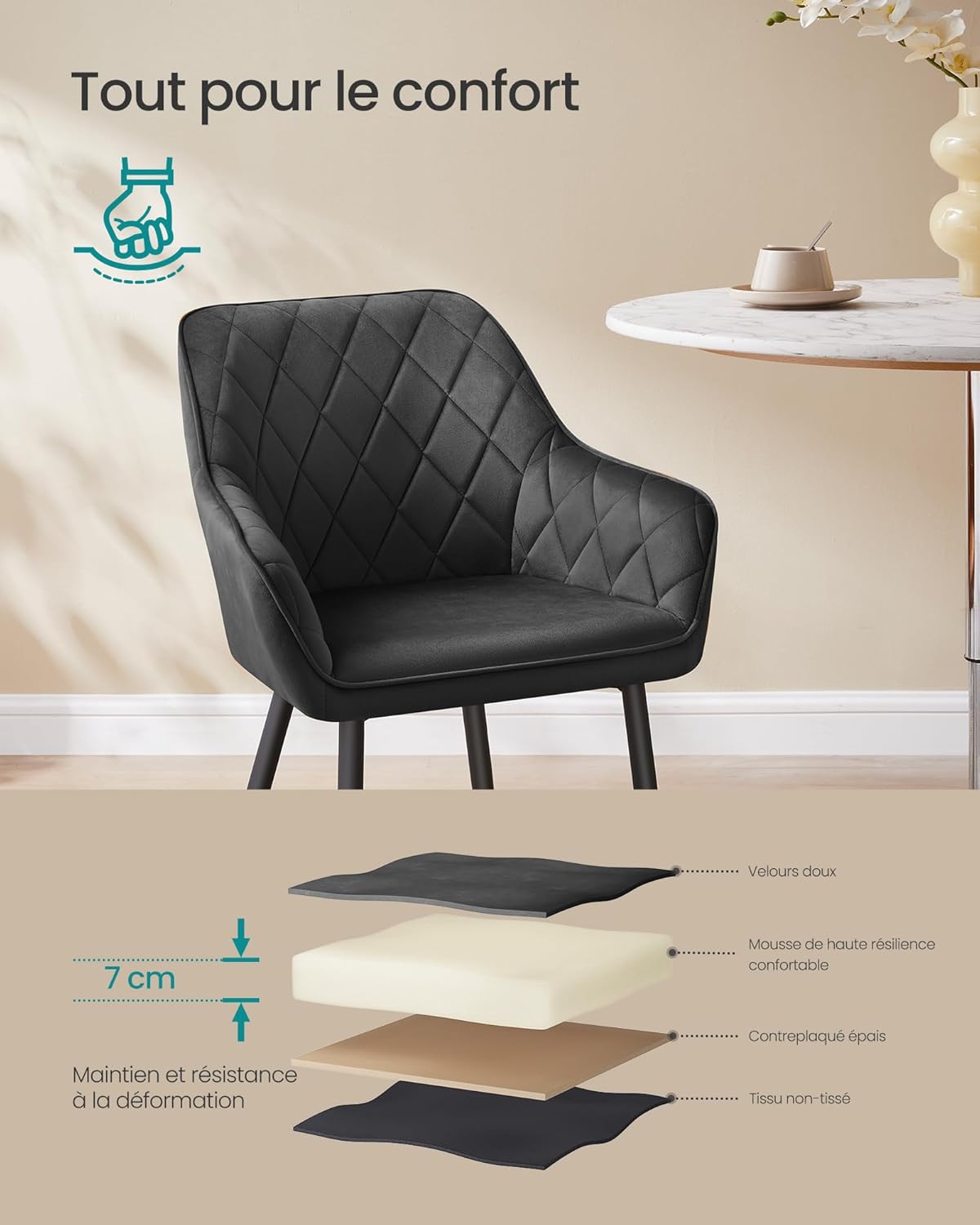 SONGMICS - chaise salle à manger, velours, pieds métal, 49 cm, 120 kg, LDC088B01