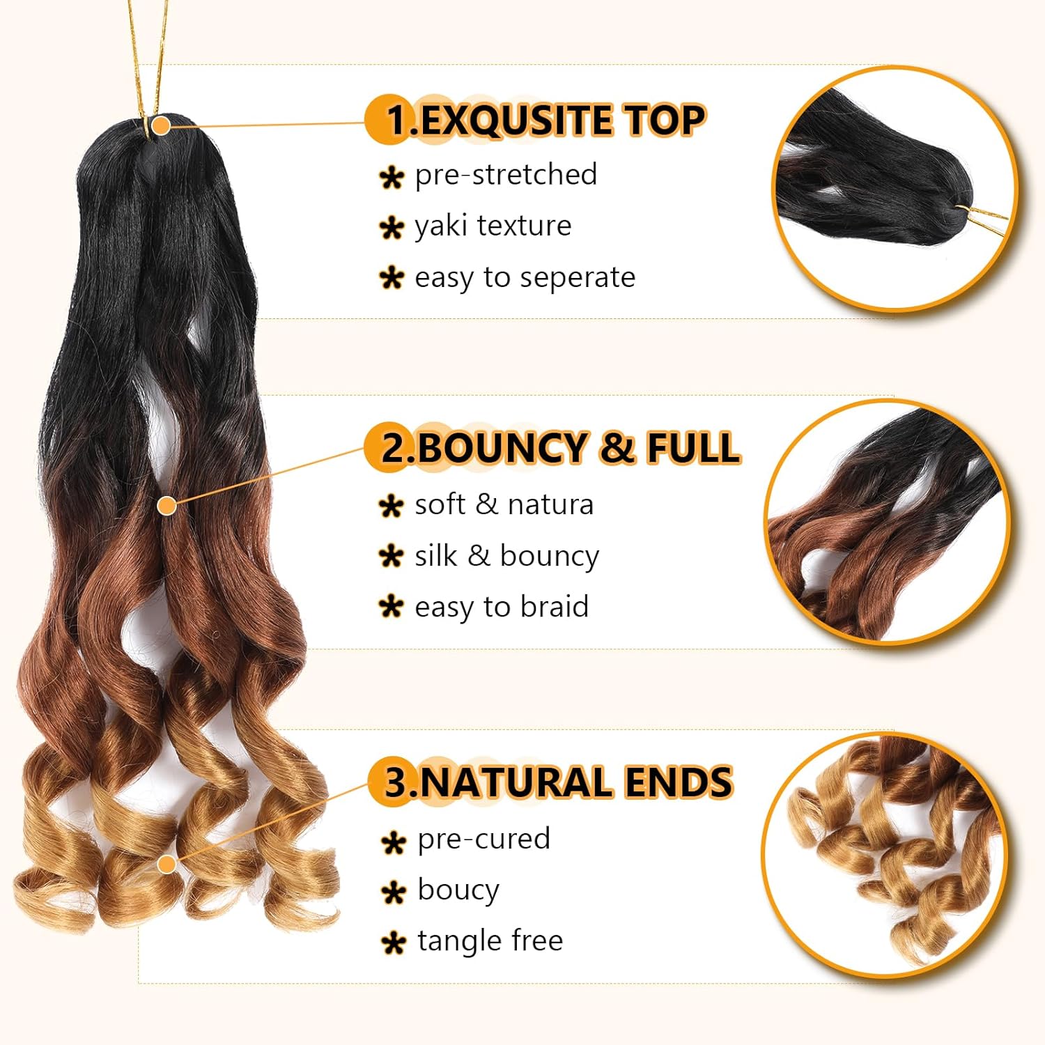 Mèches tressage - French Curl Bouclées 16 pouces, 8 paquets, 1B/30/27