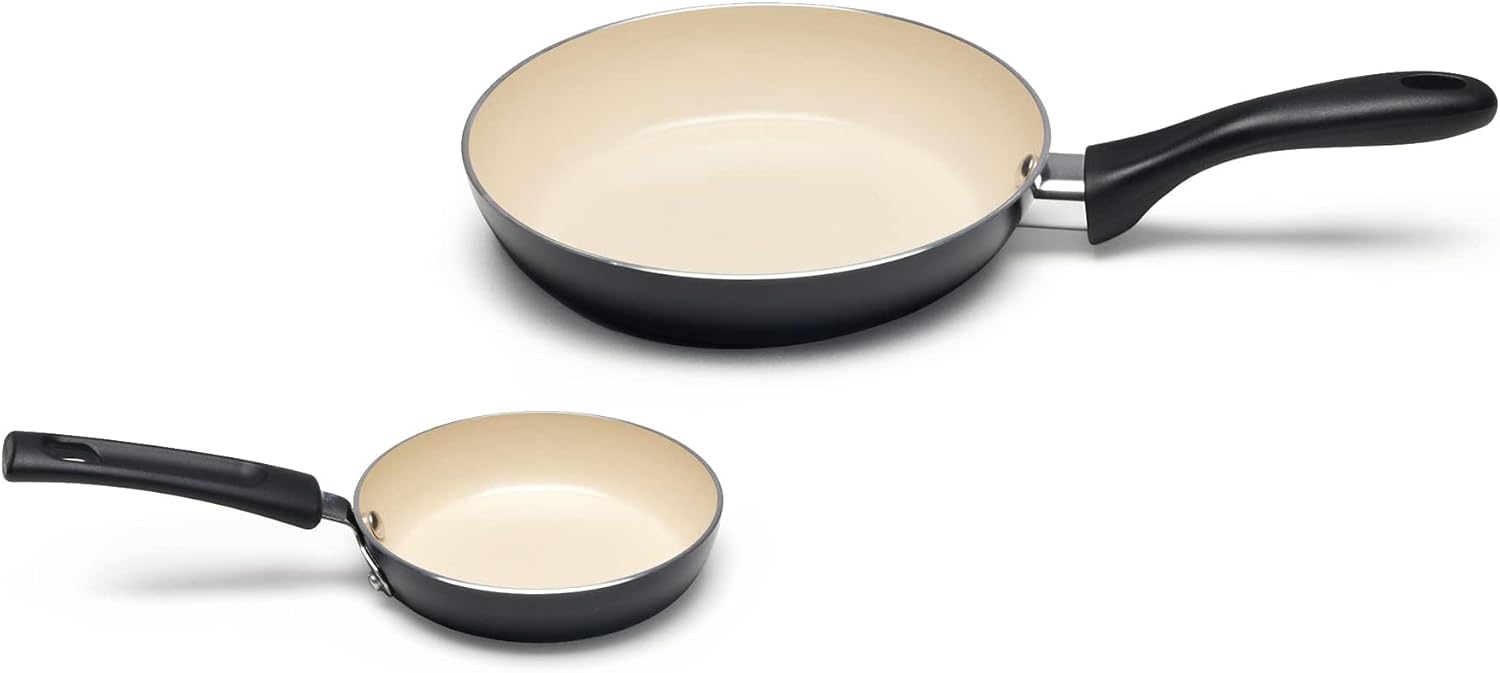 Amazon Basics - Set 11 pièces antiadhésif céramique - noir/crème - casseroles et poêles