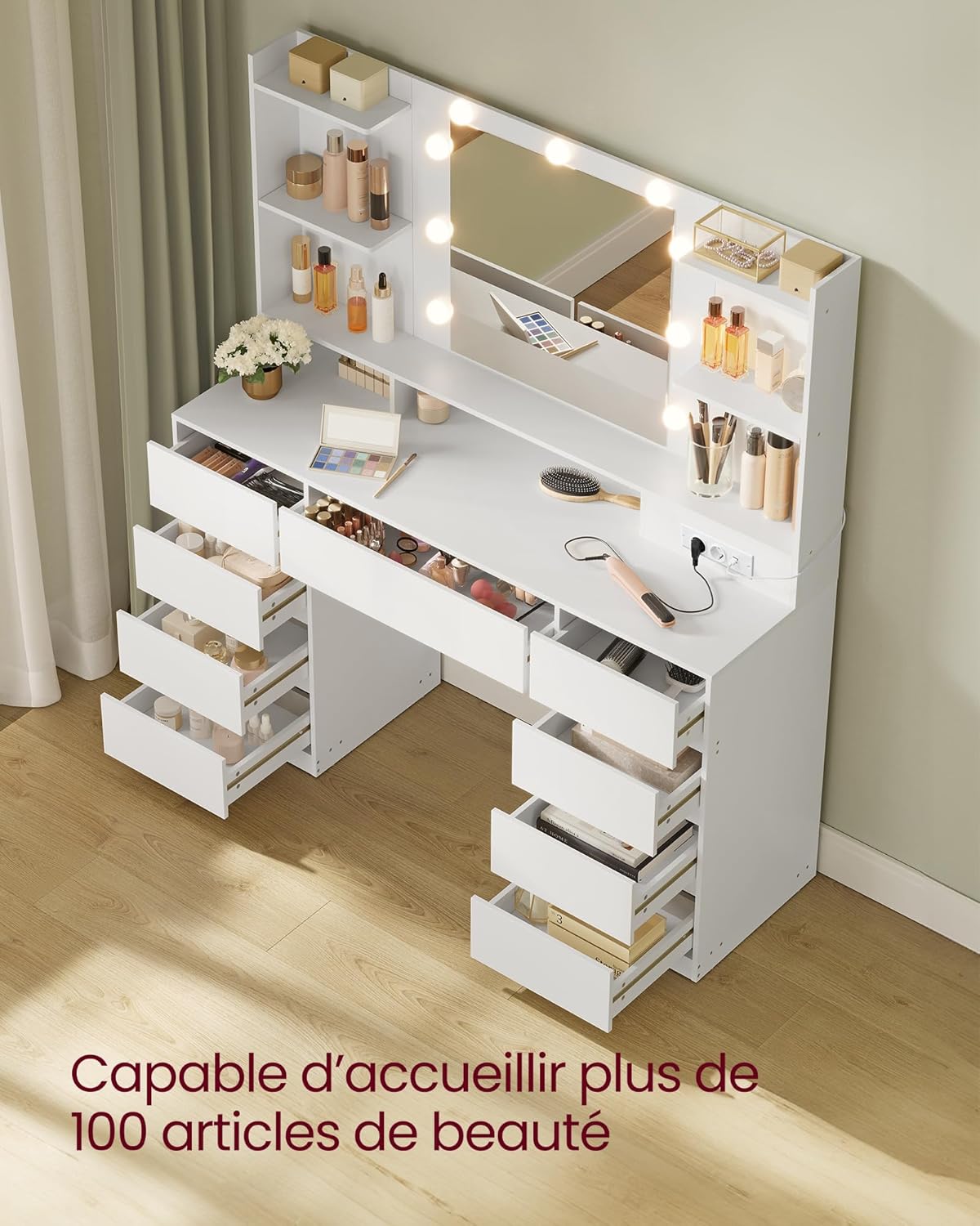 VASAGLE - Kailyn Collection - coiffeuse LED, 9 tiroirs, blanc, RDT141WB02