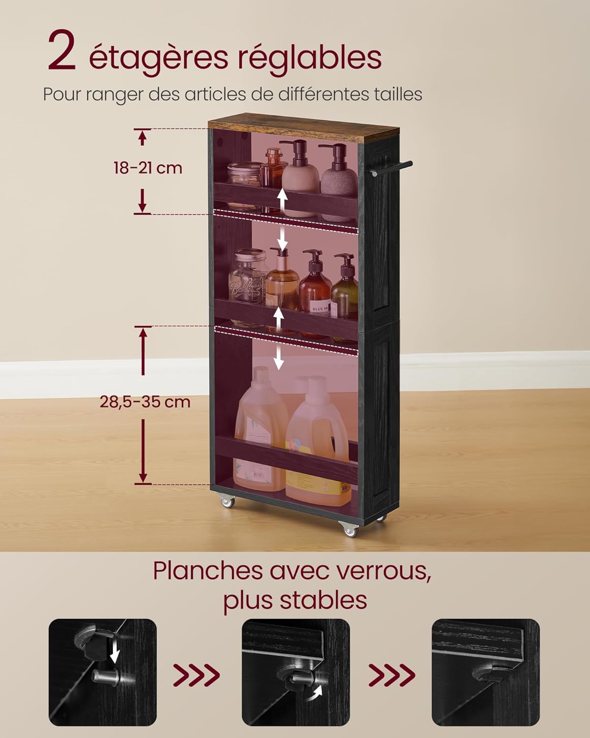 VASAGLE - chariot de rangement, 4 niveaux, 15x43,2x86,5 cm, poignée, roulettes, LRC050K02