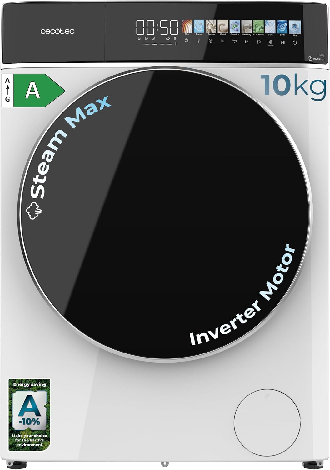 Cecotec - lave-linge frontale 10kg, 1400tr/min, écran 10,3