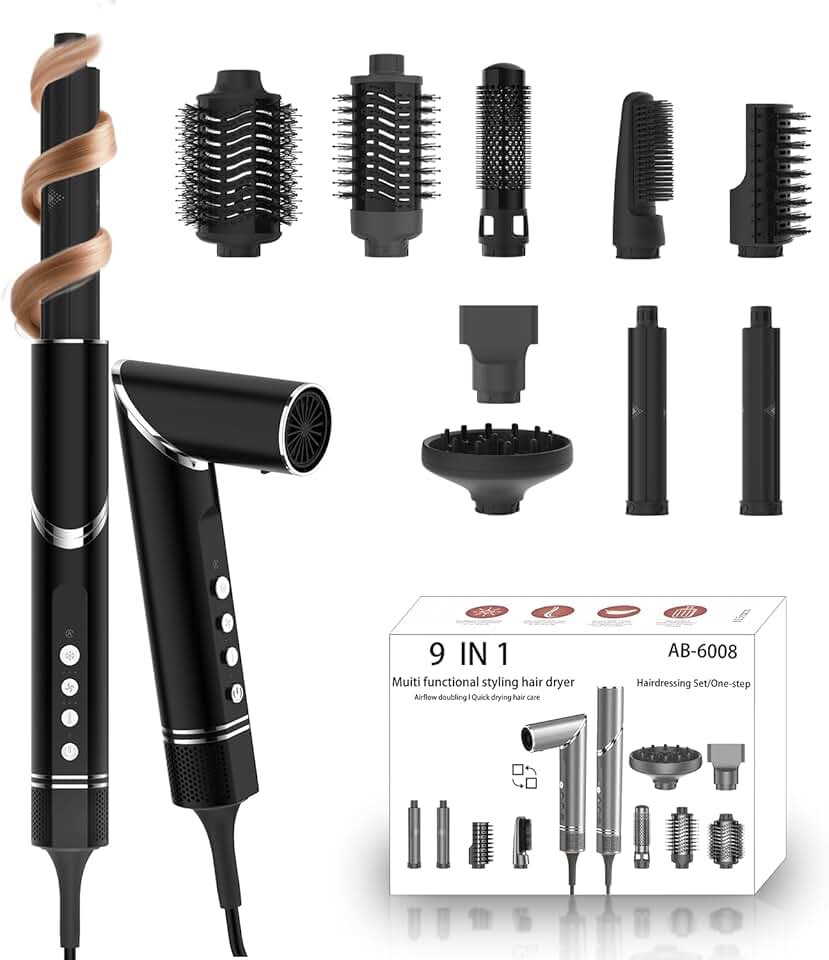 Kit de coiffage 9 en 1 - 1400W - brosses multifonctions - volumiseur