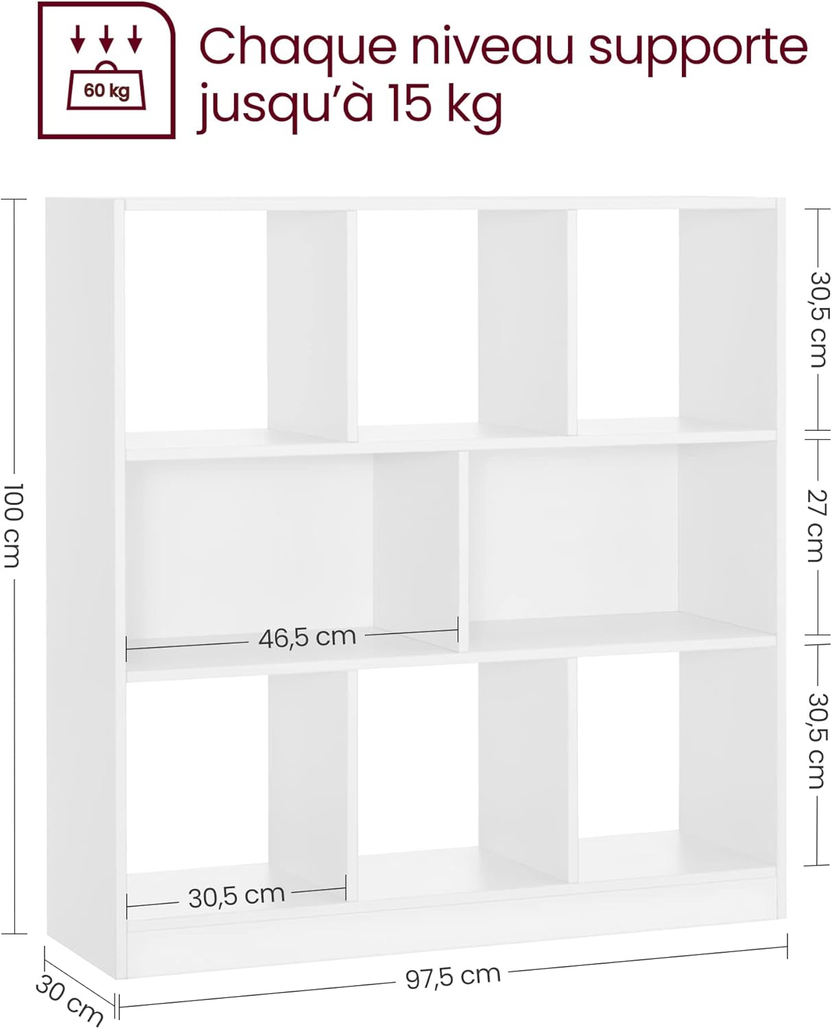 VASAGLE Bibliothèque, étagère, 8 Compartiments Ouverts, Horizontale, latérale ou Gauche, 30 x 97,5 x 100 cm, pour Salon, Bureau, Blanc LBC52WT