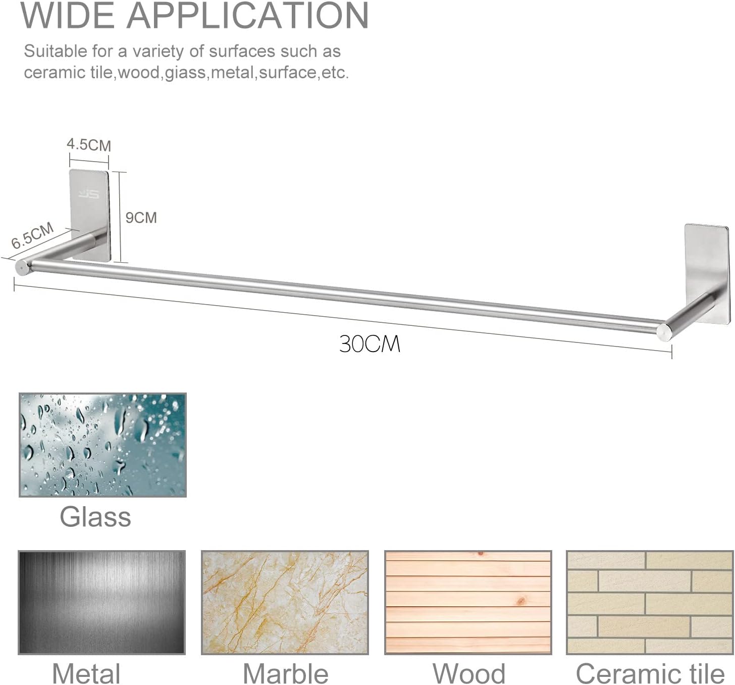JS Porte-serviettes mural 30cm inox 304, auto-adhésif, sans perçage