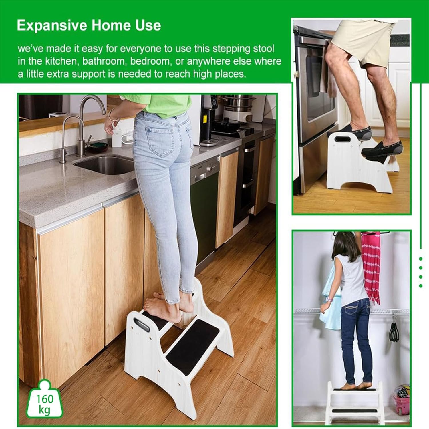 StrongTek - Tabouret 2 marches bois - 136kg - surface antidérapante, poignées, patins, White