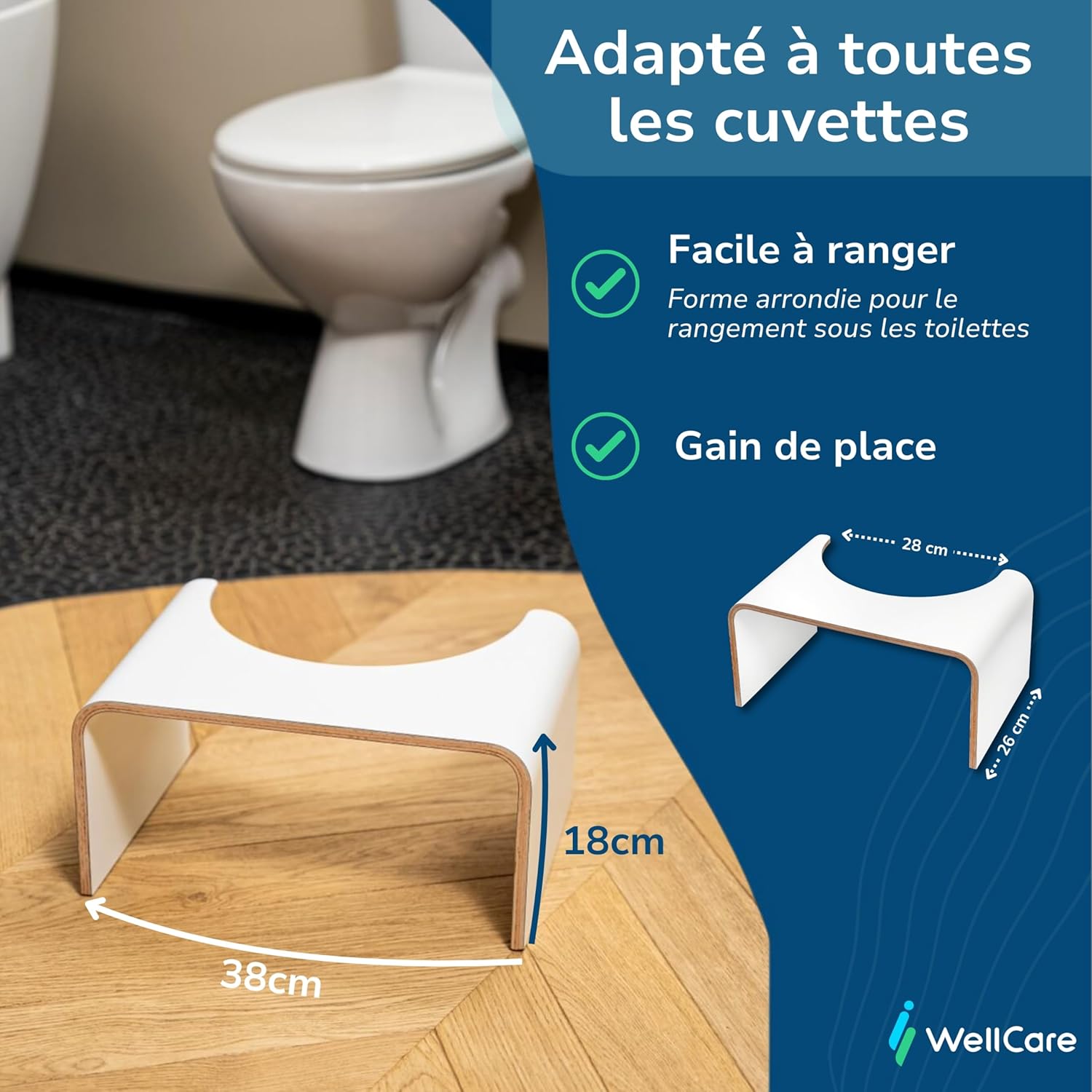Well Care - Tabouret de toilette bois blanc - position squat - Fabriqué France
