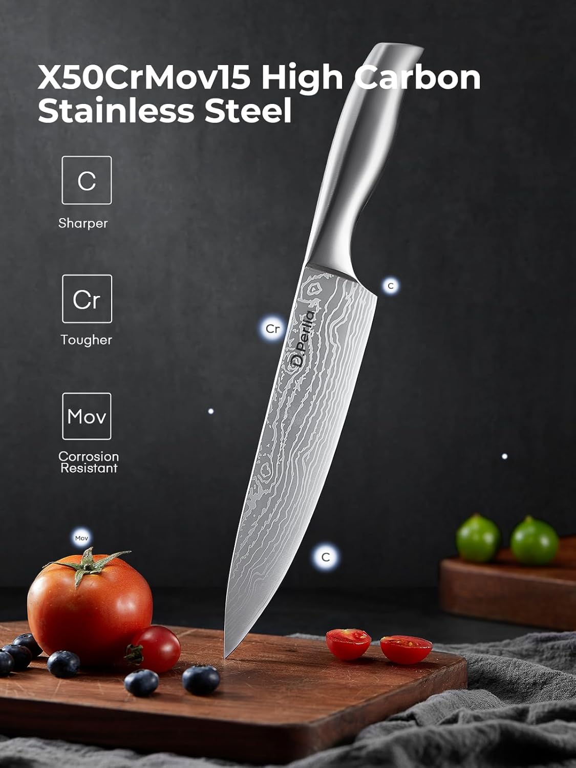 D.Perlla - Set de 15 couteaux pro, inox, bloc auto-affûtant