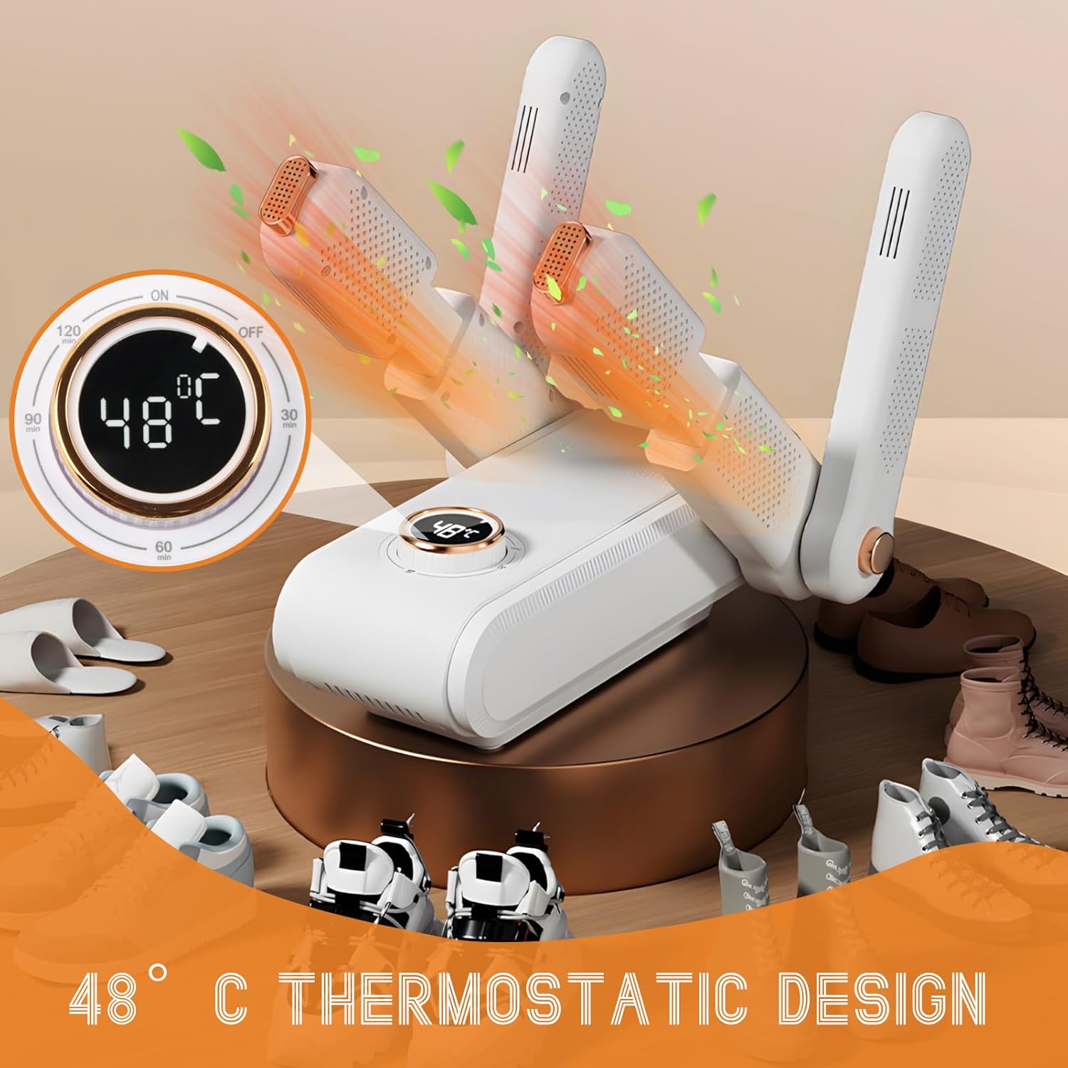 Sèche-chaussures électrique 4 bras, arrêt programmé, stérilisation, 33x24x27cm