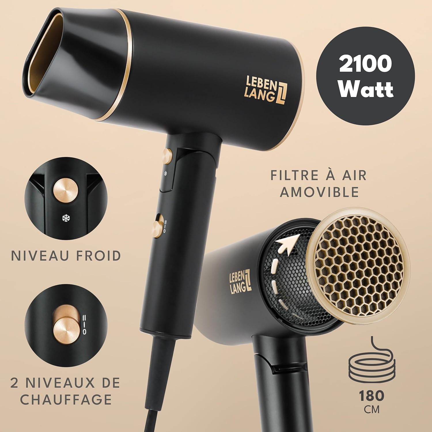 LEBENLANG - Sèche-cheveux compact pliable 2100W, ions & froid, Noir