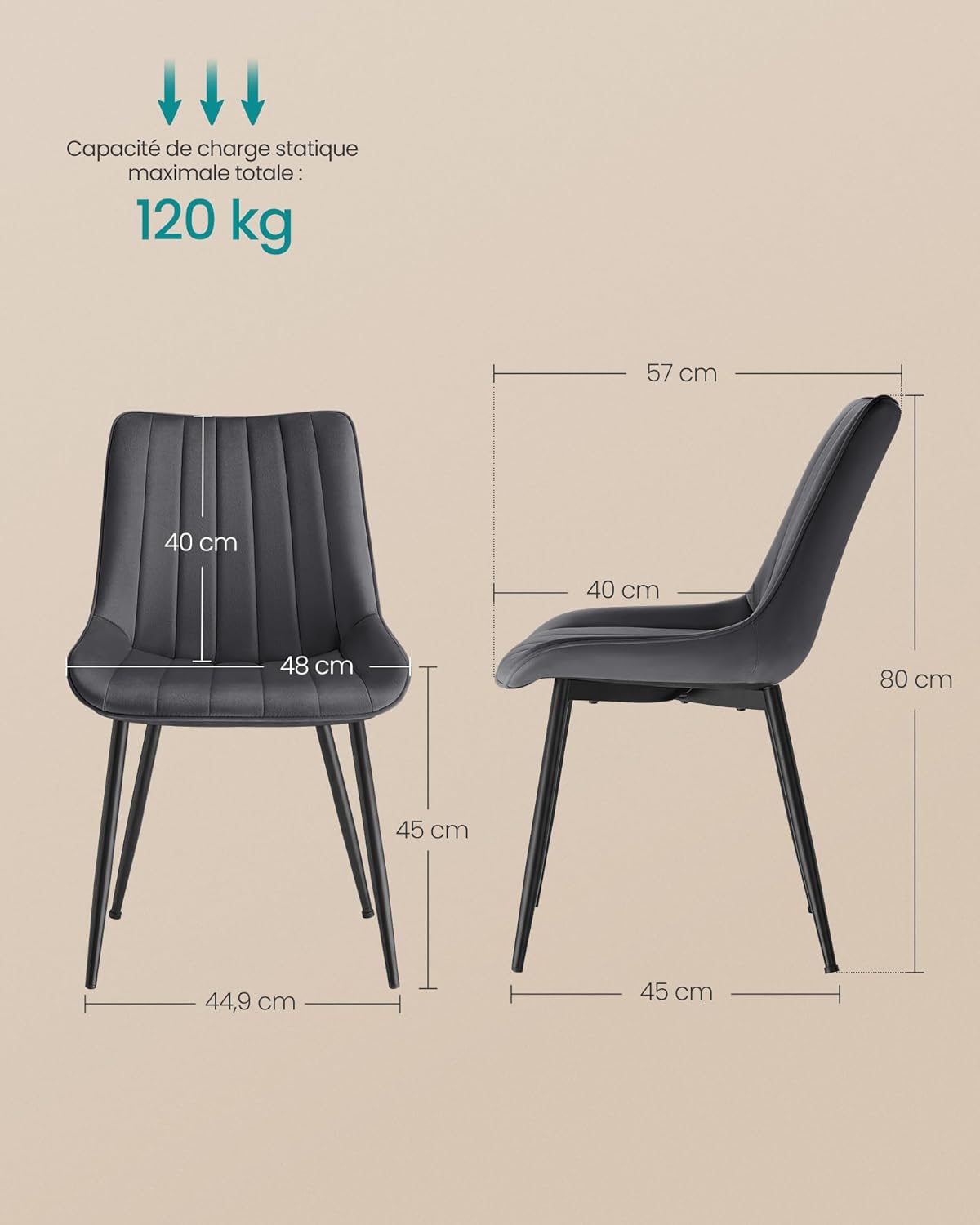 SONGMICS - chaises salle à manger lot de 2, acier, 120kg, ergonomiques, LDC090G05