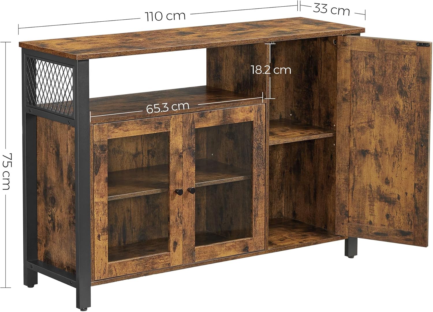 VASAGLE - Buffet de rangement rustique, 110x33x75 cm, 3 portes, LSC096B01