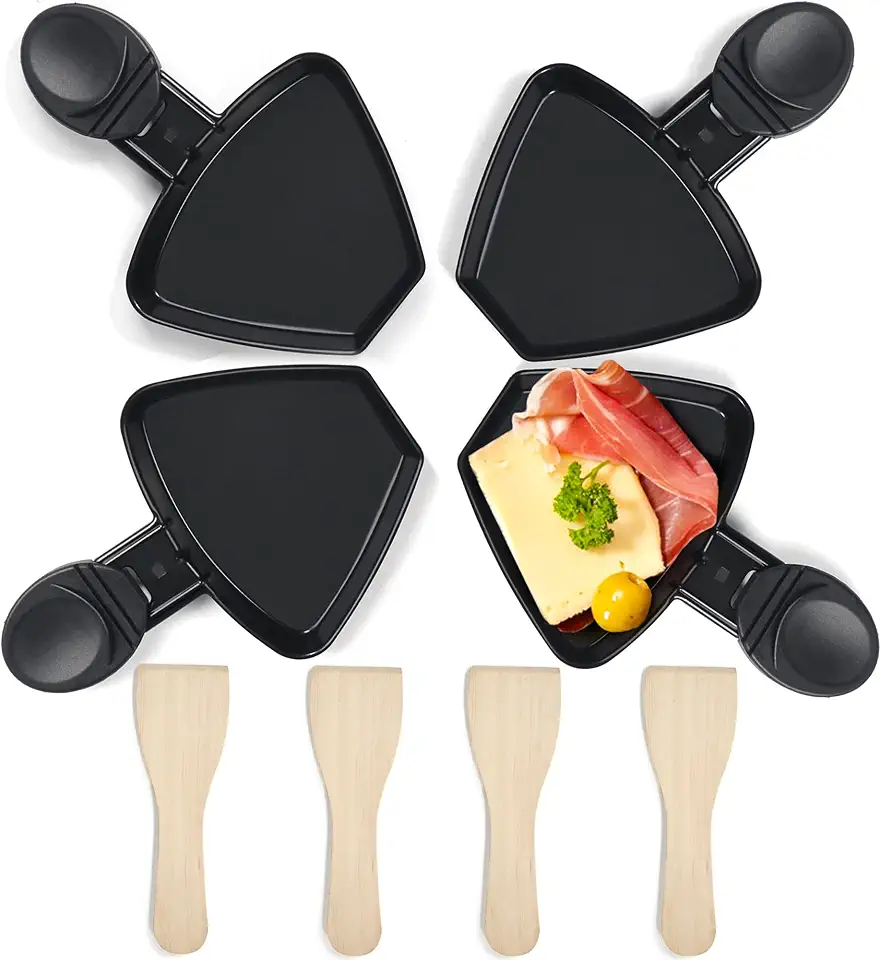 Poêlon raclette - mini 4pcs - fonte, antiadhésif, spatules bois, noir HengBO