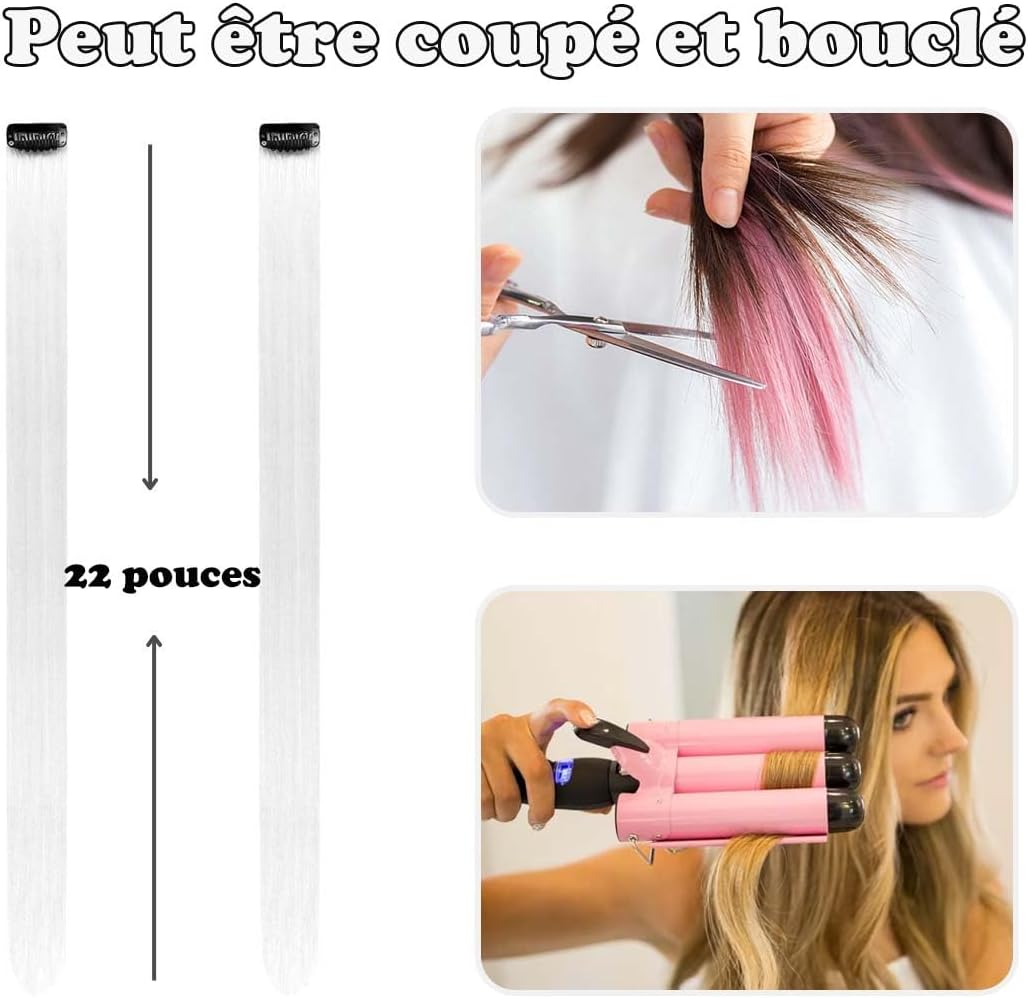 Extensions de cheveux - mèches colorées à clipser, 12 pcs, blanc