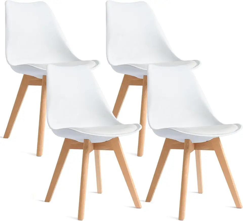 CangLong - ensemble 4 chaises rétro - bois hêtre - blanc, sièges capitonnés