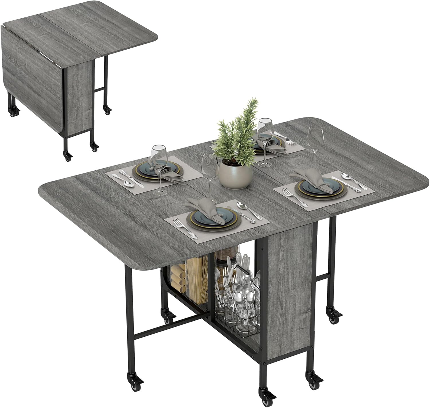 HOMCOM - Table pliante avec roulettes, 130x80x74cm, 6 personnes, étagère intégrée