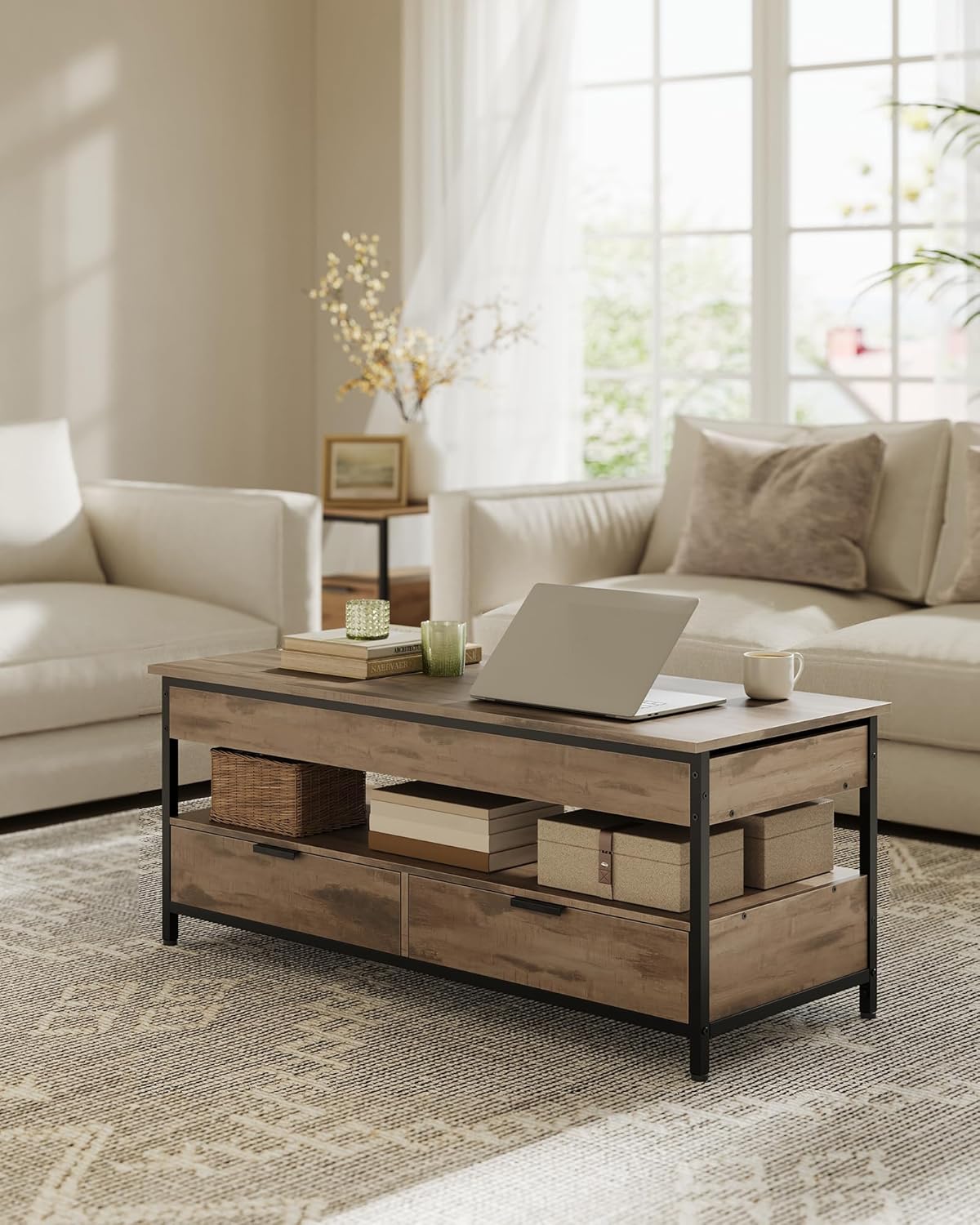 VASAGLE - table basse série LCT252K02 - 50x120cm - plateau relevable, tiroirs, rangements, marron/noir - LCT252K02