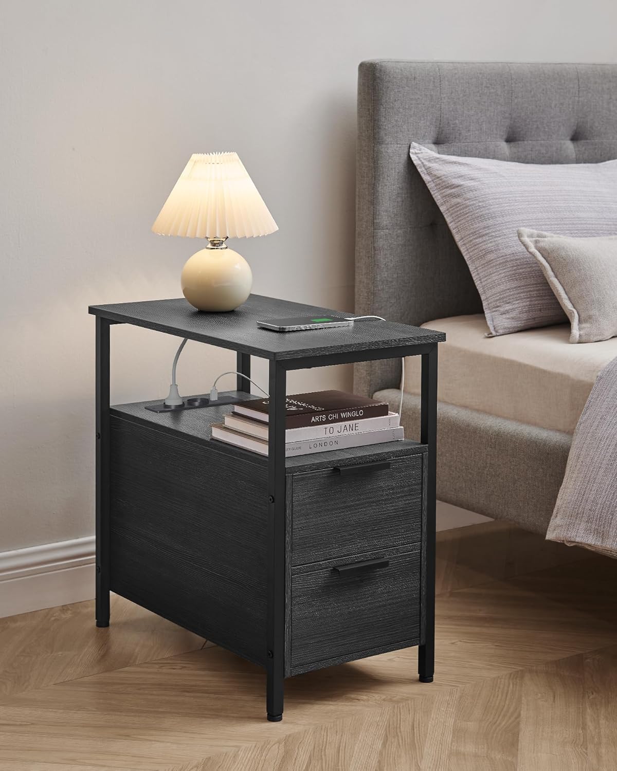 VASAGLE - table d’appoint fine 2 tiroirs, multiprise, gris/noir - LET325B22