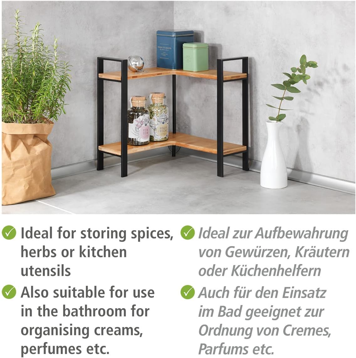 WENKO - étagère d’angle Lou - 30x33x30 cm - 2 niveaux bambou et métal