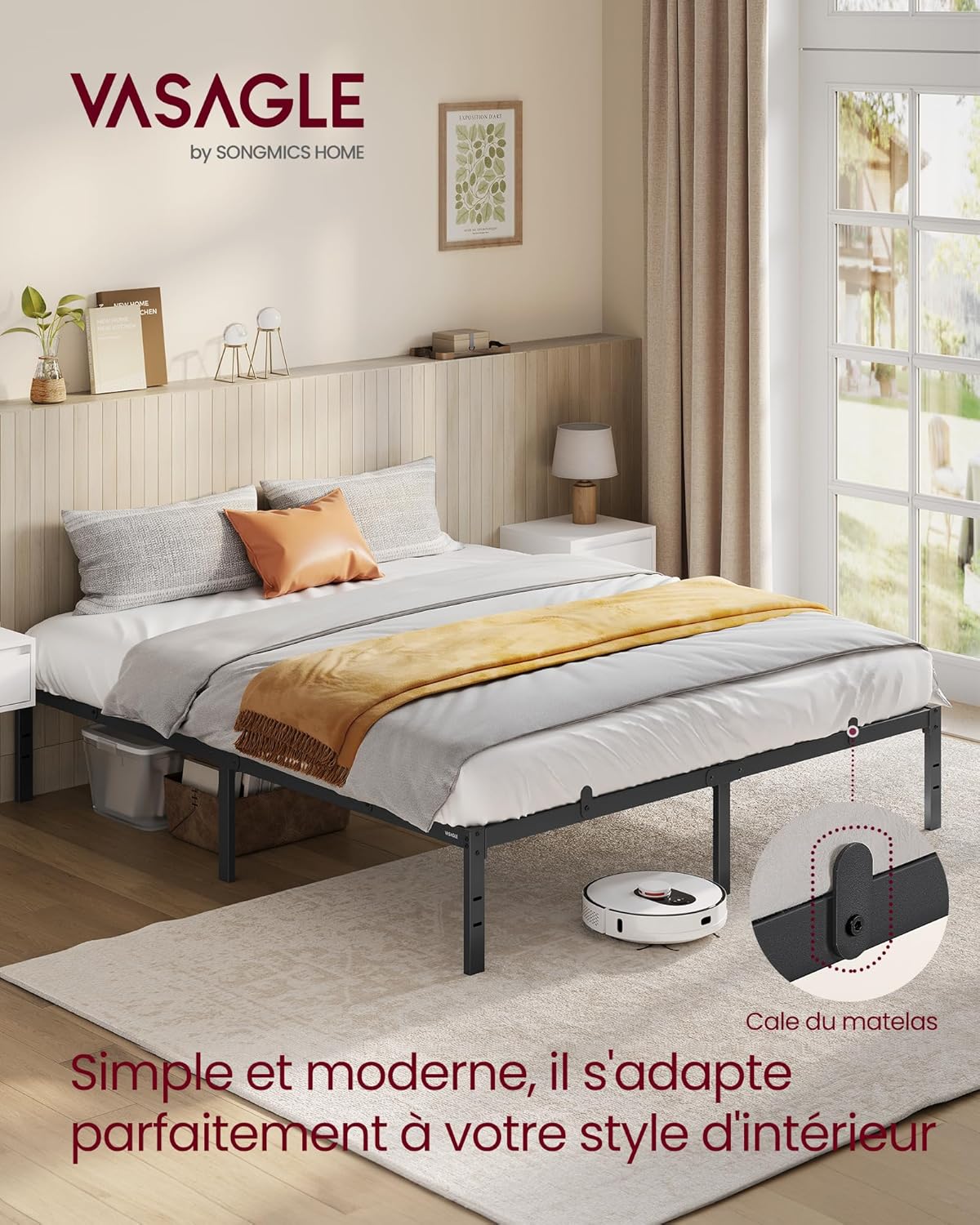 VASAGLE - cadre de lit moderne 160x200 cm, métal, rangement sous le lit, RMB135B01