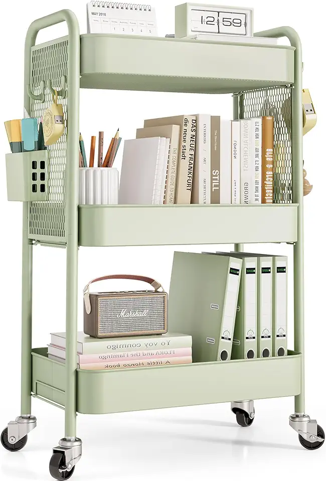 Chariot de rangement - 3 niveaux, boîtes et crochets, roulettes, vert