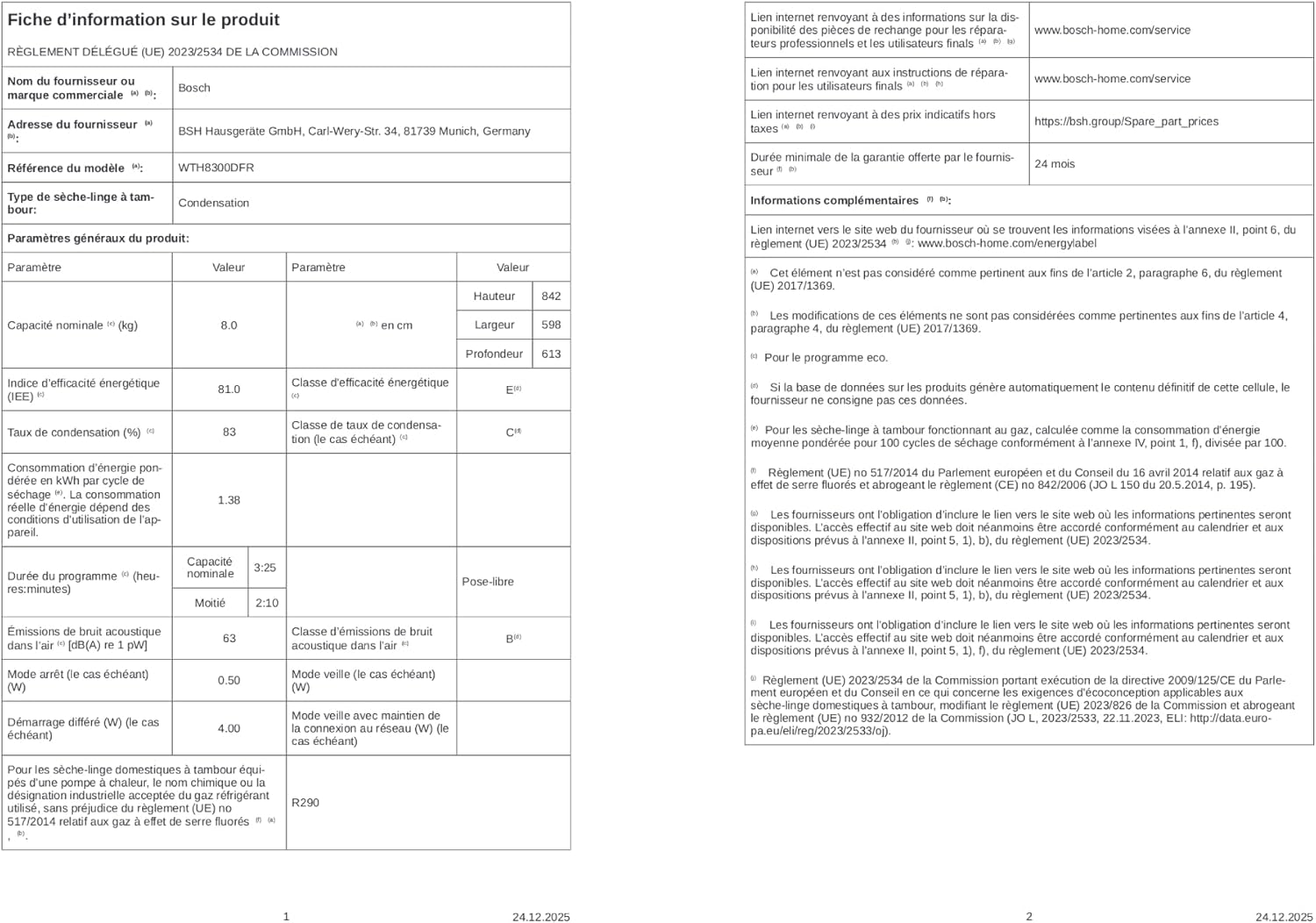 Bosch - Sèche-linge Série 4 - 8 kg, pompe à chaleur, blanc, WTH8300DFR