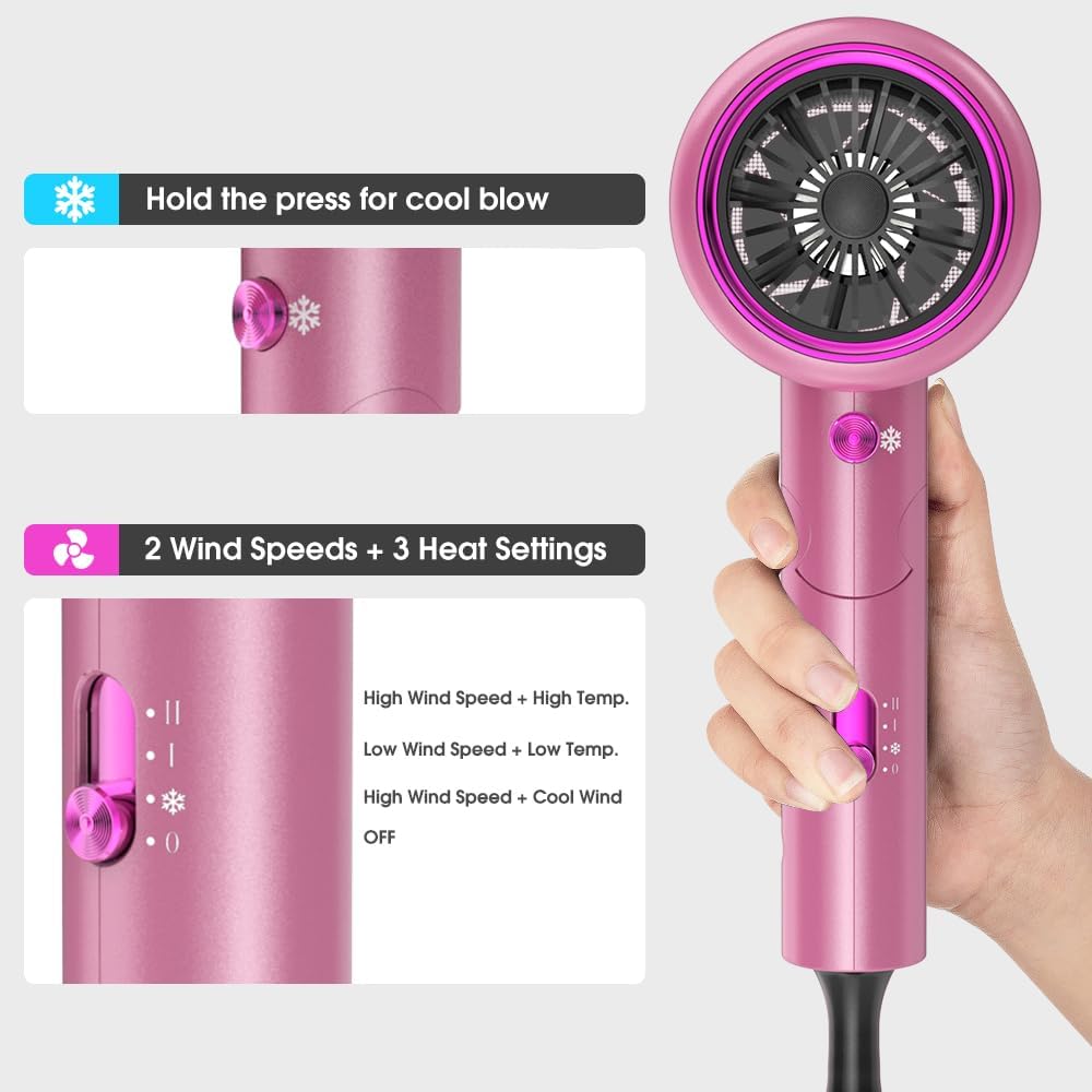 Sèche-cheveux ionique pliable - 2400W, léger, 3 vitesses et accessoires