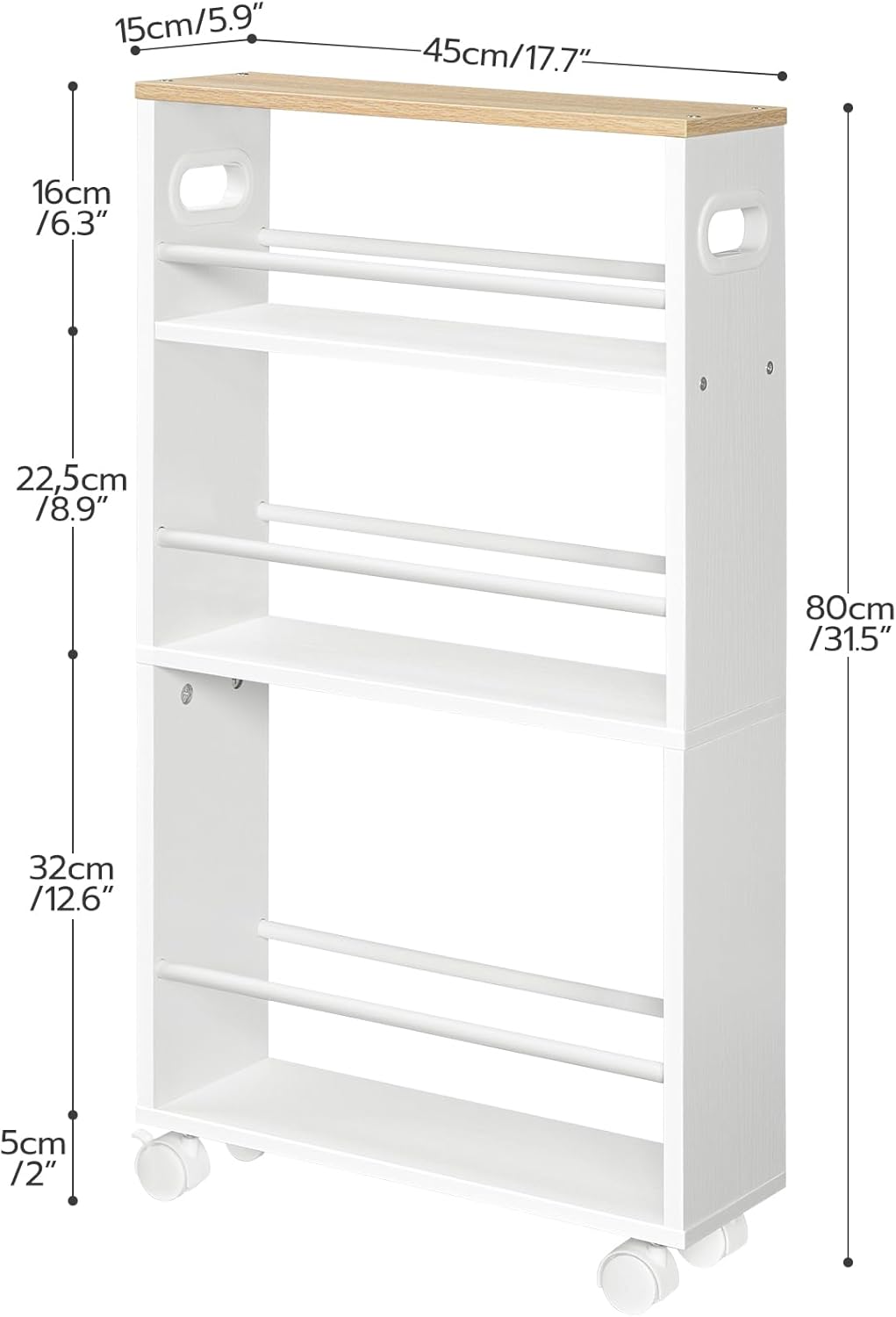 HOOBRO - desserte 4 niveaux, poignées, roulettes, blanc/bois, EWN15TC01