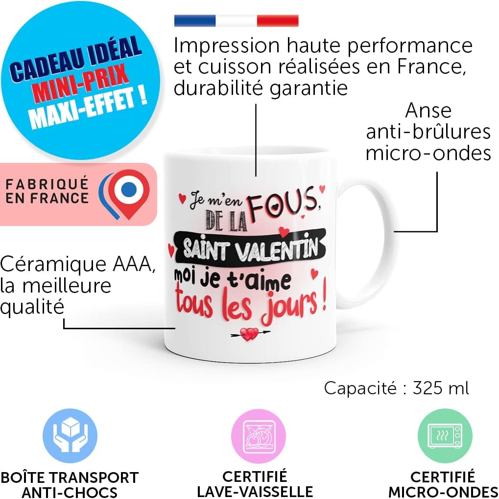 Tasse - Amour Je T’Aime - céramique 330ml - message drôle cadeau original
