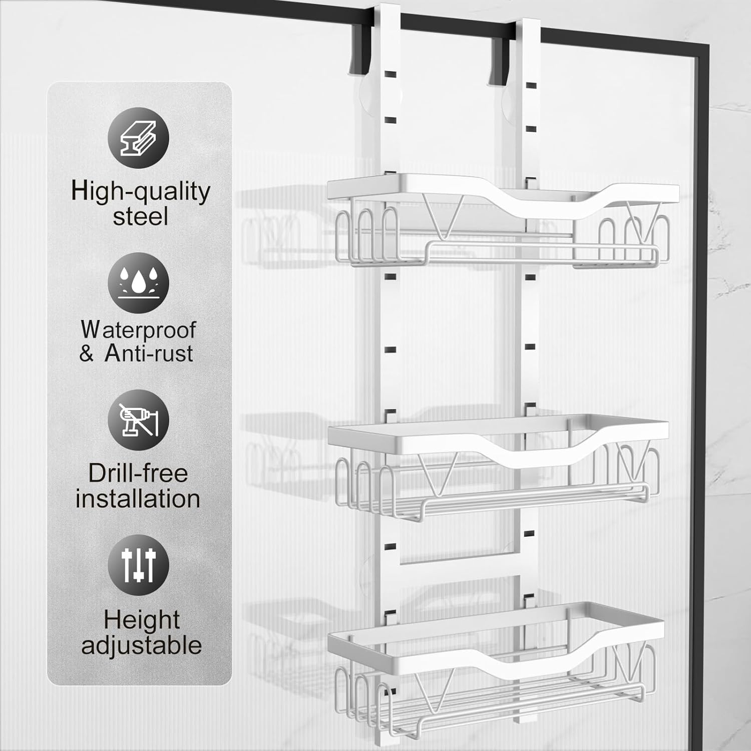 Étagère douche - 3 paniers réglables, sans perçage, blanc, 3 couches