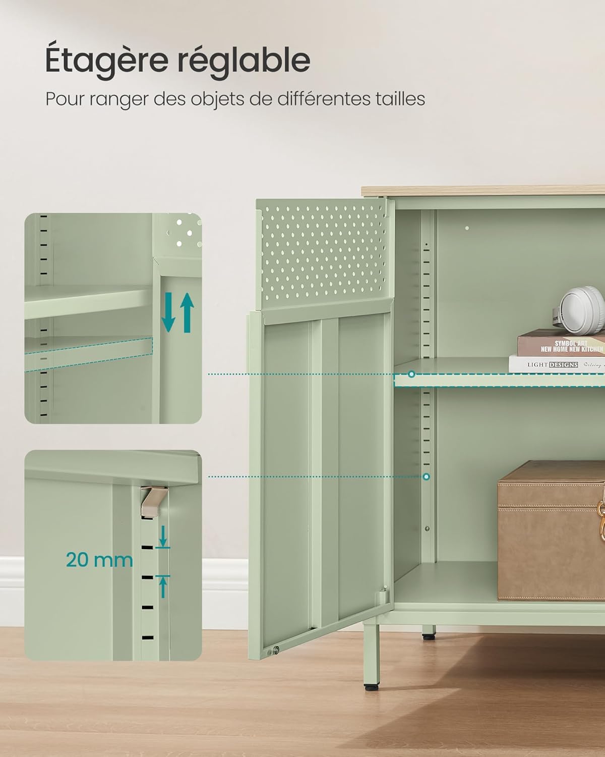 SONGMICS - buffet série métal - 40x80x76 cm - acier, portes magnétiques, vert laurier/chêne naturel LSC102C01