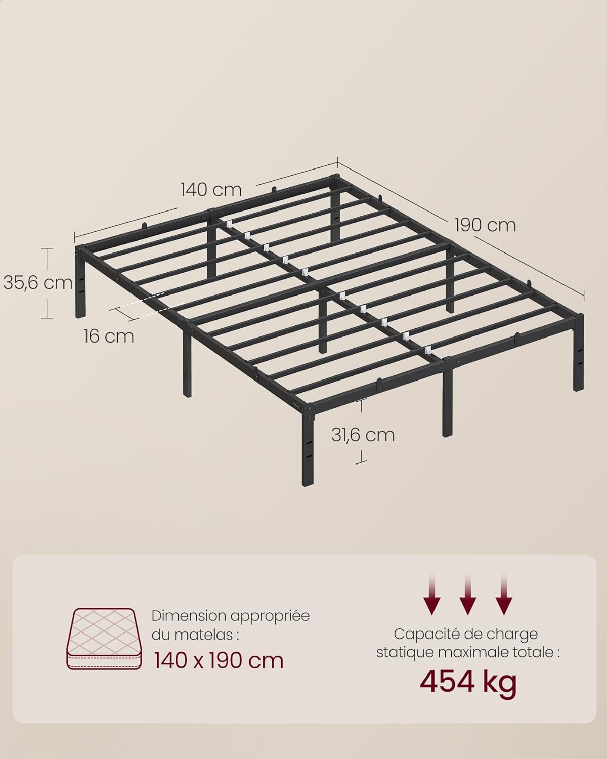 VASAGLE - cadre de lit 140x190 cm - métal, rangement, montage facile - RMB133B01