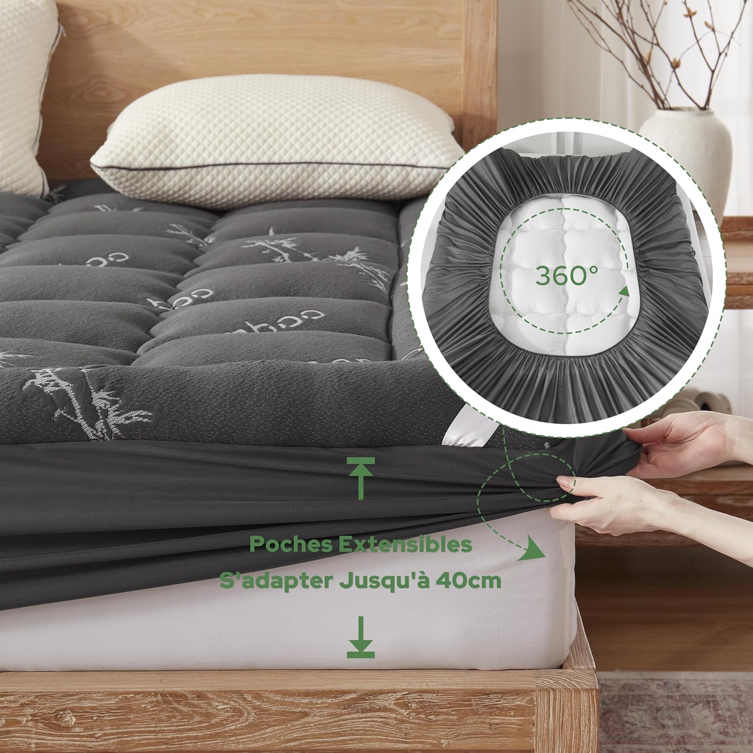 BEDLORE - Surmatelas 180x200 cm - Bambou, Oeko-Tex, bonnet 40 cm