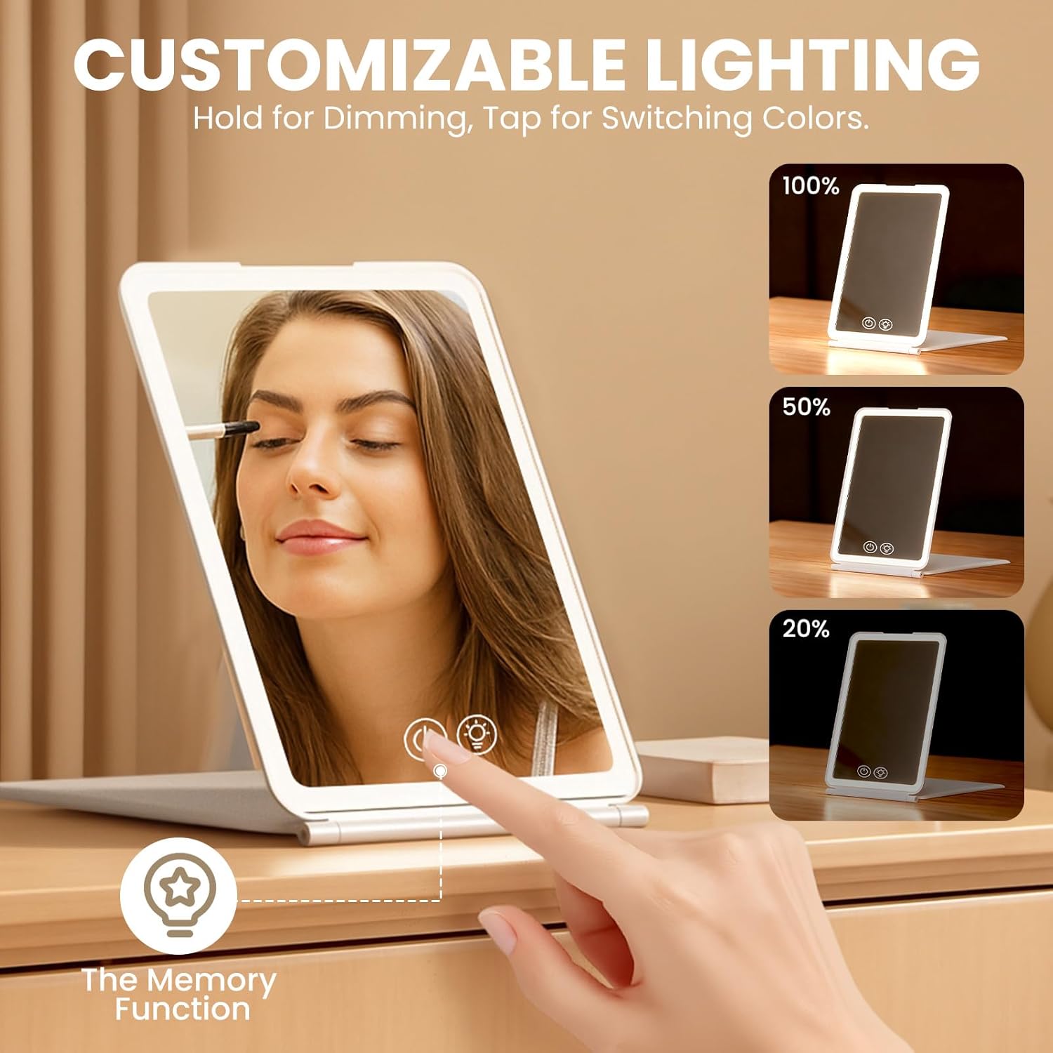 Miroir de maquillage LED - 72 LED, 1500mAh, 3 modes, pliable, portable
