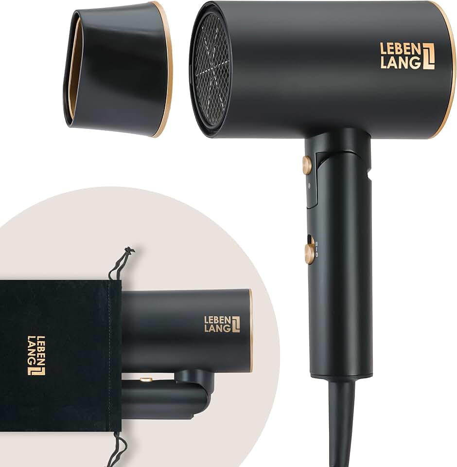 LEBENLANG - Sèche-cheveux compact pliable 2100W, ions & froid, Noir